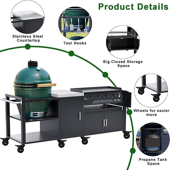 GDLF Outdoor Grill Cart for Big Green Egg& Blackstone Griddle, Metal Grill Table Compatible with Large Big Green Egg and 28/36 Blackstone Griddle, Waterproof Cover Included