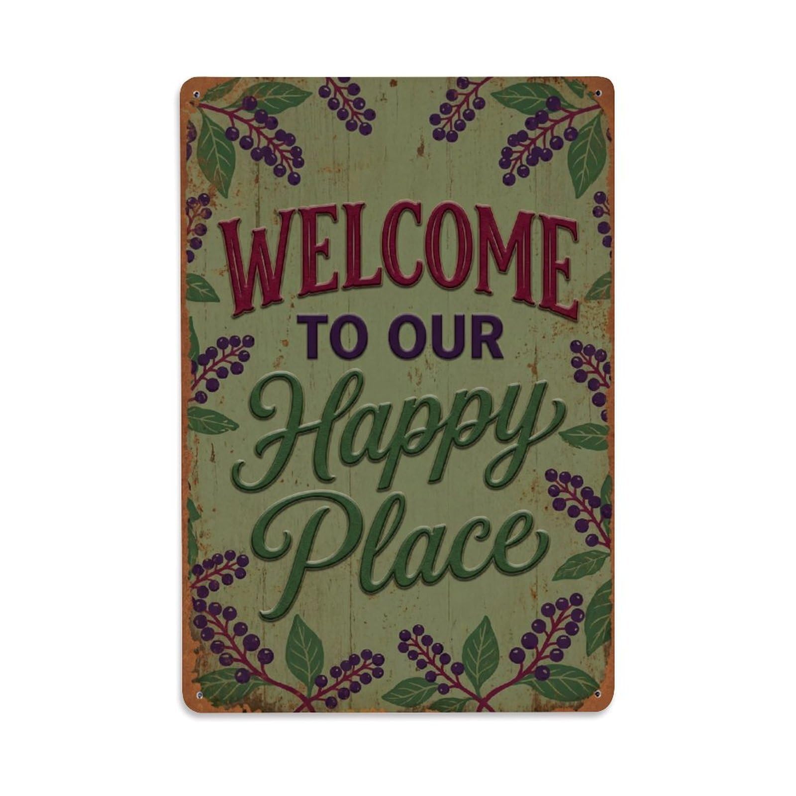 Okngb Style Pokeberry Vine Welcome Happy Place Leafy Border Gate Metal Tin Sign Plaque Wall Decor For Cafe, Man Cave, Club Bar, Office, Home Garden Round Metal Poster 8X12inch