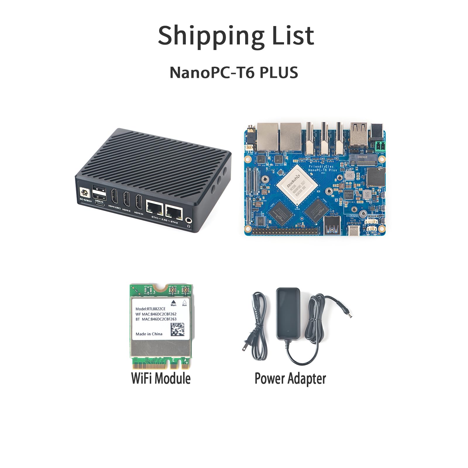NanoPC-T6 Plus Mini Open-Source WiFi Router, RK3588 Quad-Core SoC, 16GB LPDDR5 64GB eMMC, M.2 B-Key for 4G LTE, Dual 2.5G Ethernet/NVMe SSD/WiFi Module Smart IoT Gateway (WiFi Kit, 16+64GB)