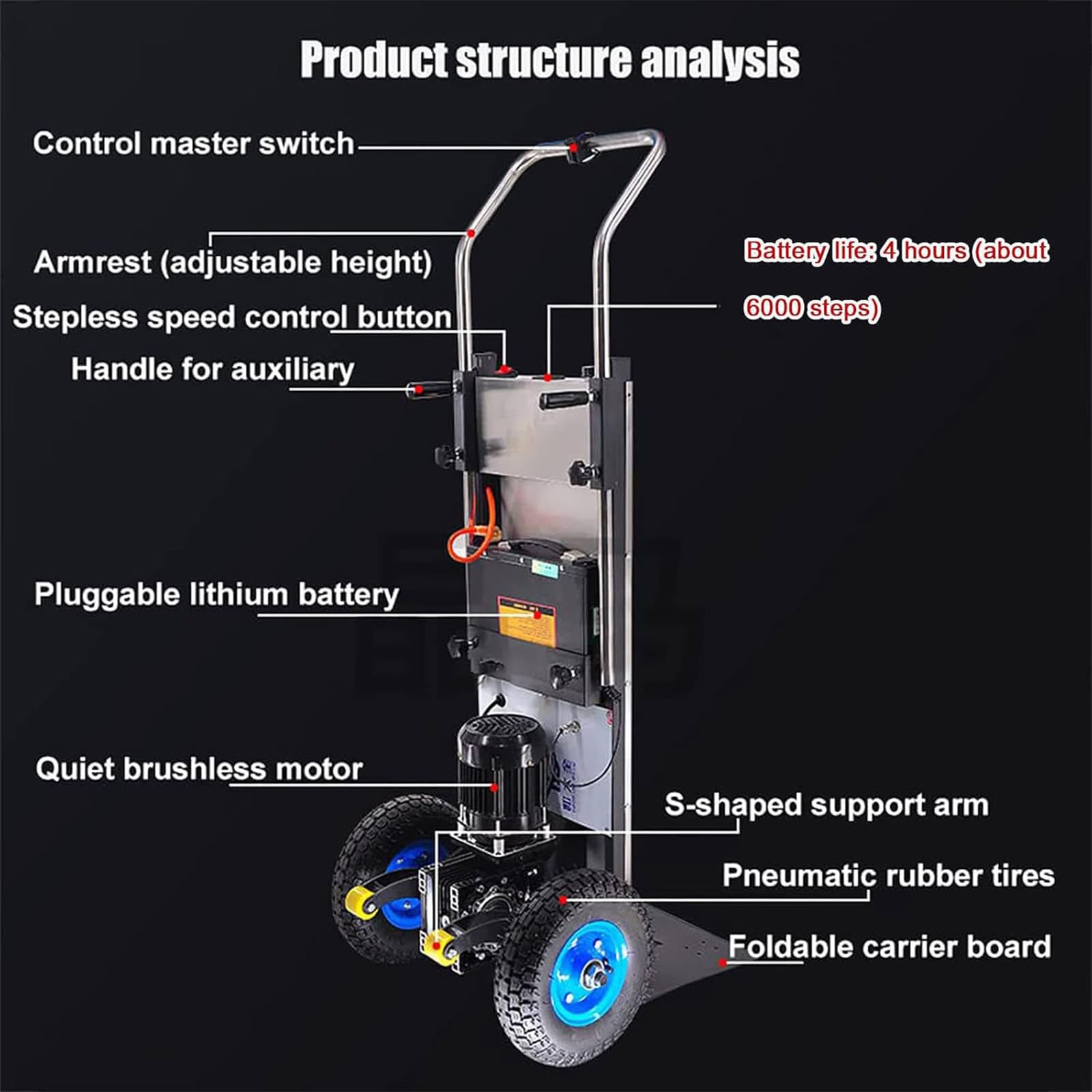 1200 W Elektrischer Treppensteiger, mit 400 kg Tragkraft, Kann Treppen Und Abstiege BewäLtigen, Arbeitssparend Und Praktisch, Abnehmbarer Akku,001