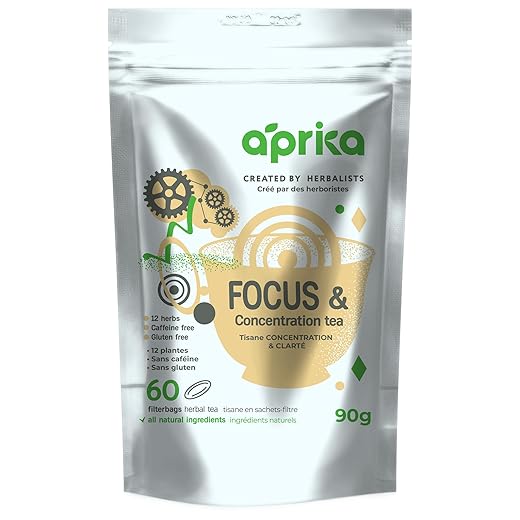 AprikaLife - Focus and Concentration Herbal Tea 100% Natural Herbal Tea Created by Herbalists - Yerba-Mate, Lemon Balm, Ginko Biloba, Thyme, Rosemary. Improves Attention, Energy, Mood – 60 Bags