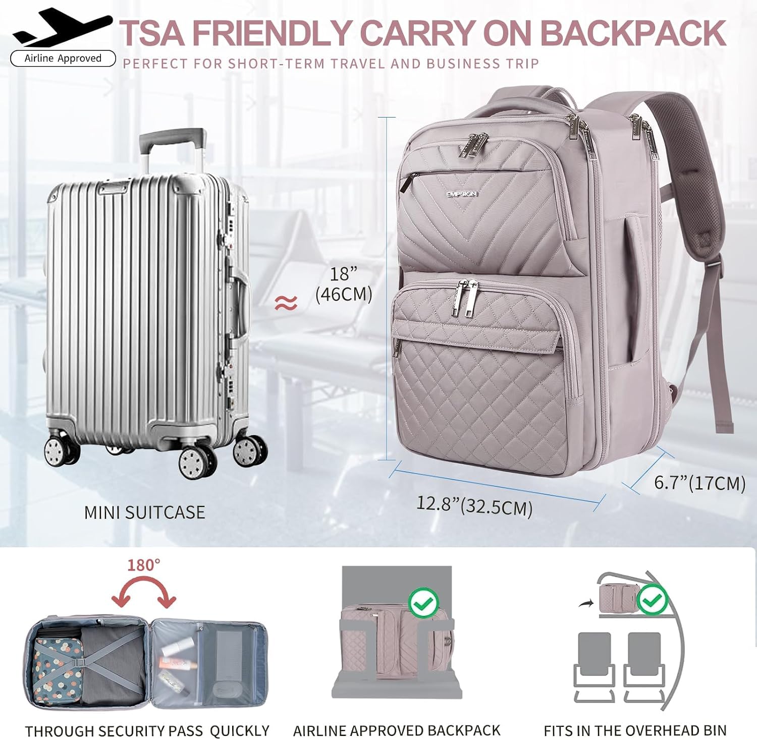 EMPSIGN Travel Backpack Women, Large Carry On Backpack 17 inch, Grey Pink image 2