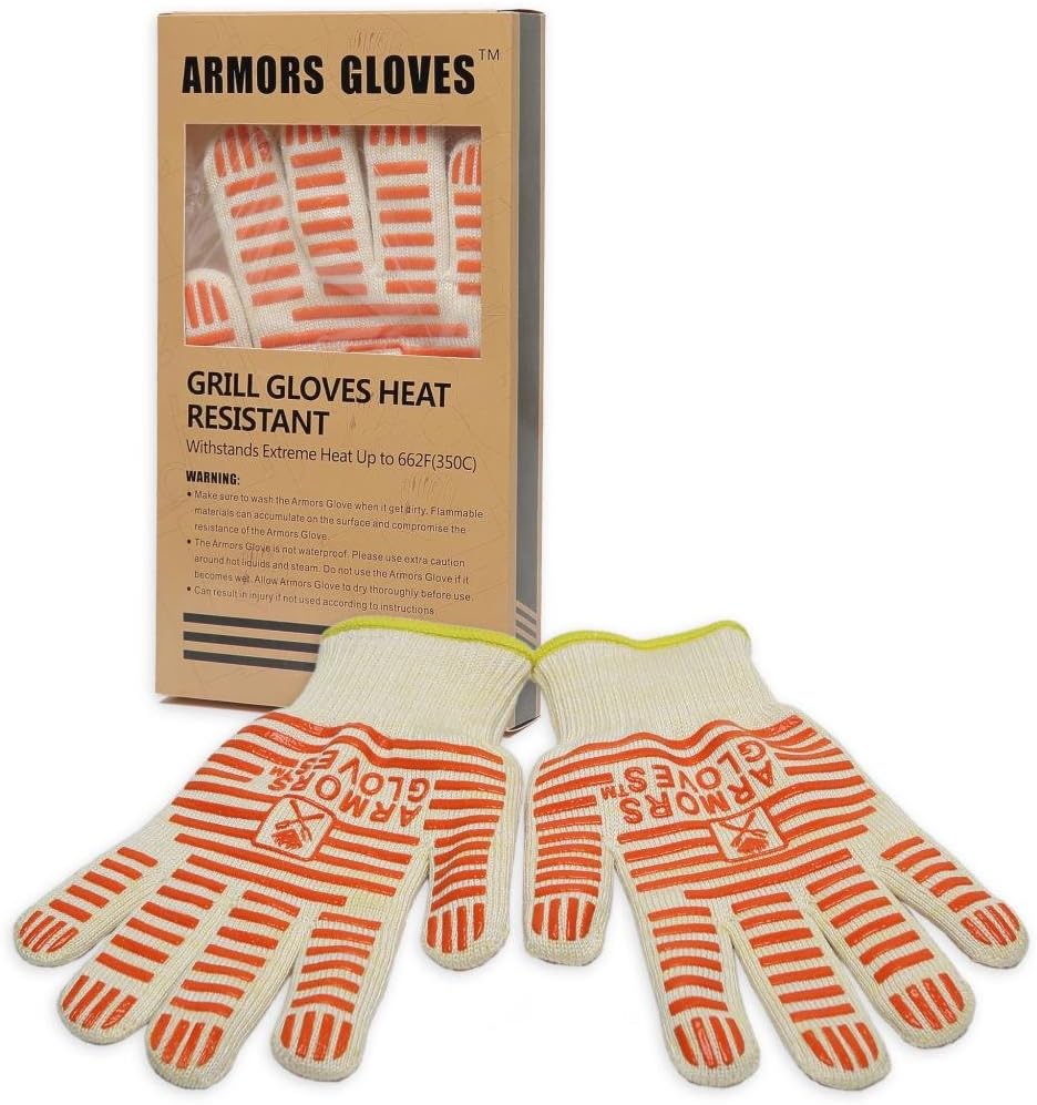 Armors Gloves (set of 2) - Oven Glove Withstand Heat up to 662F - Comfortable Five Fingered Flexi - Grill Gloves for Left or Right Hand - Great for the kitchen, BBQ -The Best Oven Mitt & Grill Gloves in the market - Full Refund If Not Satisfied
