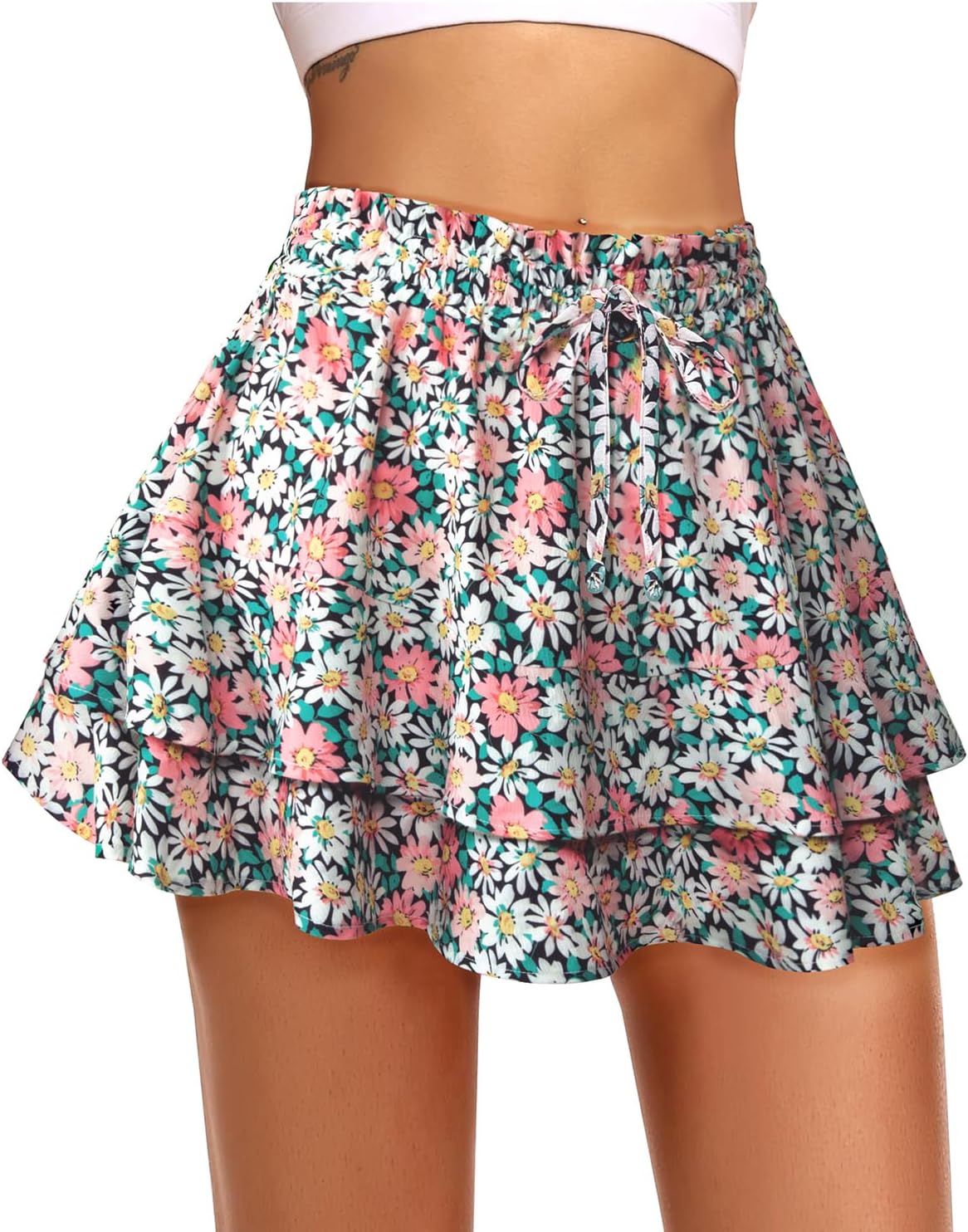 Kimmery Women's Boho Ruffle Skirt Floral Tiered Mini Skirts with Shorts Underneath