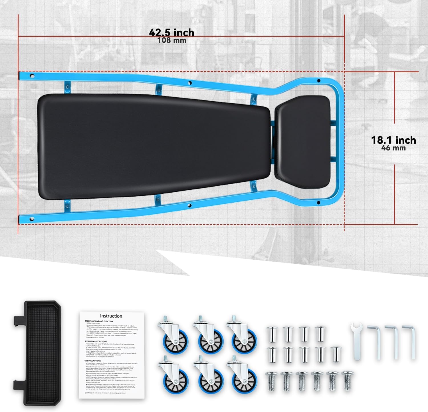 Auto Dynasty Universal 42" L X 18" W Blue for Under Car Repair Vehicle SUV Truck Pickup Adjustable Creeper with Padded Headrest + Casters