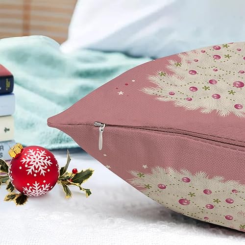 Miniatura 3 de Fundas de almohada de Navidad de 24 x 24 pulgadas, color rosa con árbol de Navidad, funda de cojín para sofá, decoración del hogar