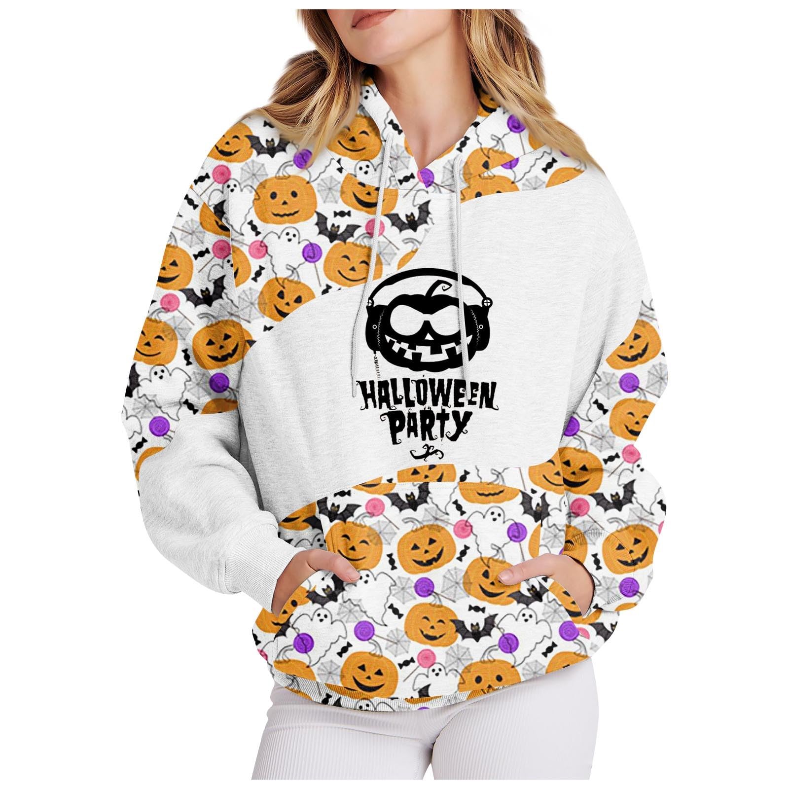 Halloween Hoodies for Women 2023 Happy Halloween Alphabet Prints Pumpkin Sweatshirts Color Block Graphic Party Tops