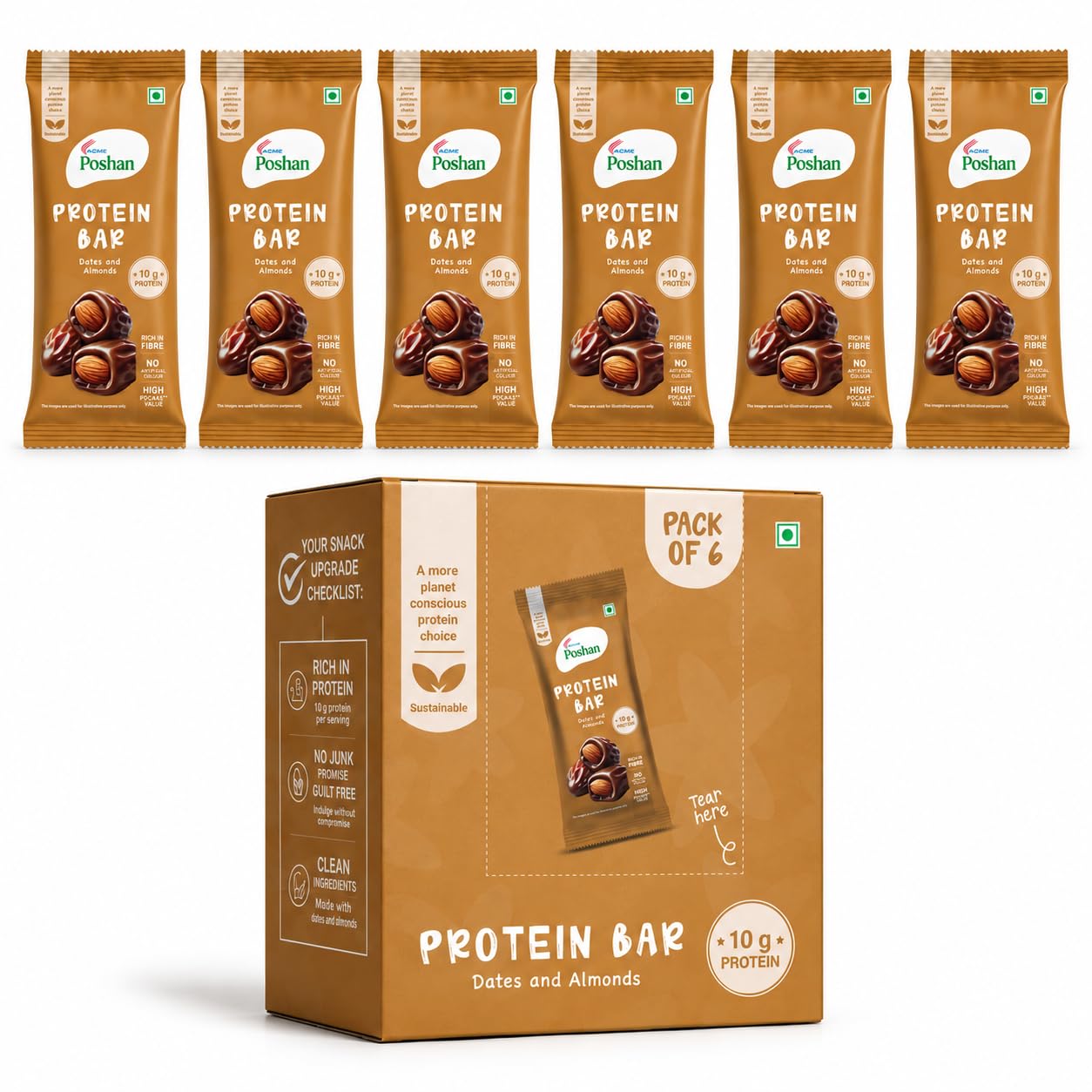 [BRSRGFD3OUCWK2TG] Acme Poshan Protein Bar - Dates & Almonds (Pack of 6) | 10g Yeast & Soya Protein per Bar | Healthy Snack - 300g