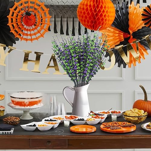 Miniatura 8 de 6 piezas de flores de jazmín artificiales largas, tallos florales de Halloween con flores de jazmín negro, naranja y blanco, tallos de flores de