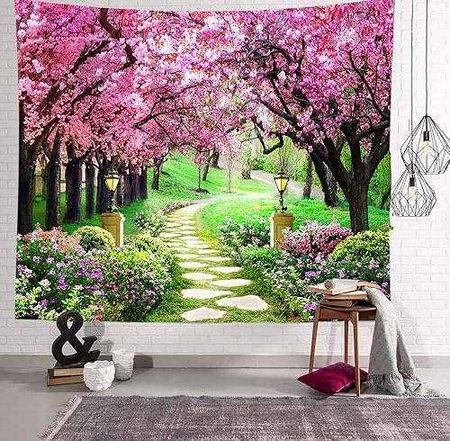 MEETSIOY Tapiz de parque de primavera de 60 x 51 pulgadas, tapiz de camino de bosque, árbol de flor de cerezo, tapiz de flores rosas para sala de