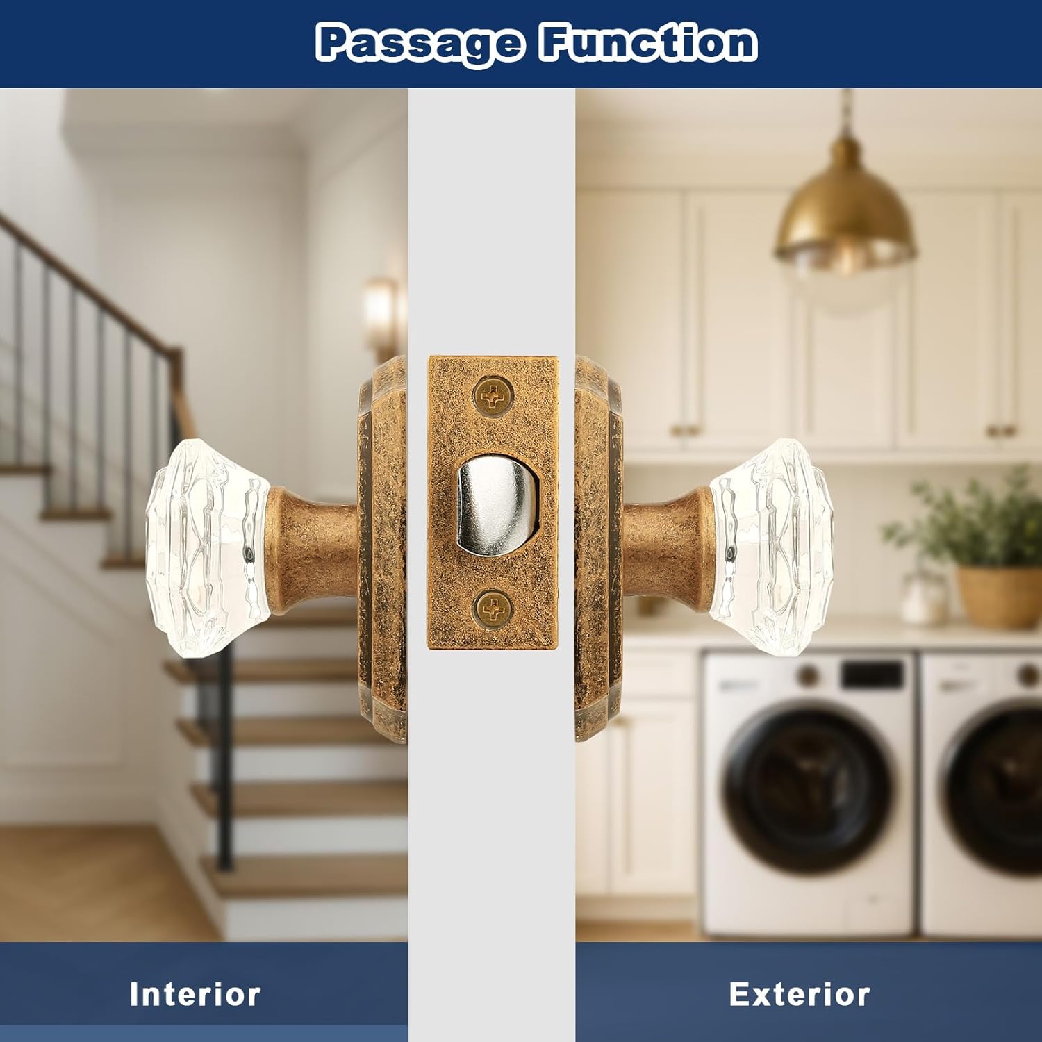 Orger Glass Passage Door Knob for Hallway and Closet, Crystal Door Handle with Non-Locking Latch, Octagonal Clear Aged Brass Door Knob 5 Pack, Vintage Rosette with Heavy Duty Glass