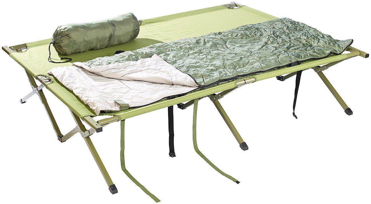 Semptec Urban Survival Technology Feldbett Doppelbett: 4in1-Doppelzelt/2 Schlafsäcken, Matratze, Liege & Kissen (refurbished) (Doppel Feldbett mit Matratze, 2 Personen mit, Bett)
