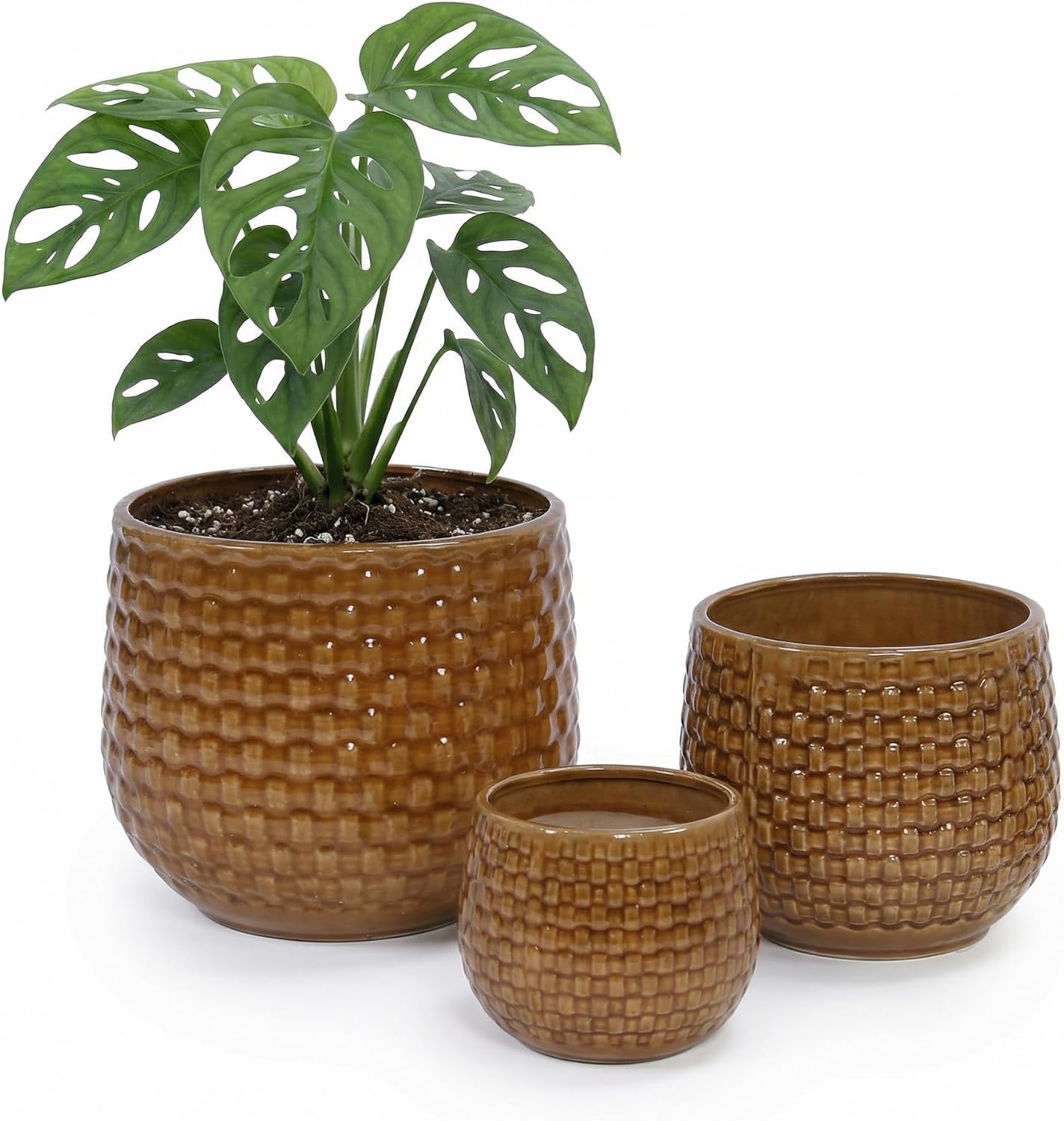 Ceramic Plant Pots with Drainage Hole, Set of 3, 5/8/10 Inch Flower Pot for Indoor Outdoor Plants, Outdoor Indoor, Round Succulent Orchid Flower Pot for Monstera, Handmade Glaze Terracotta Brown