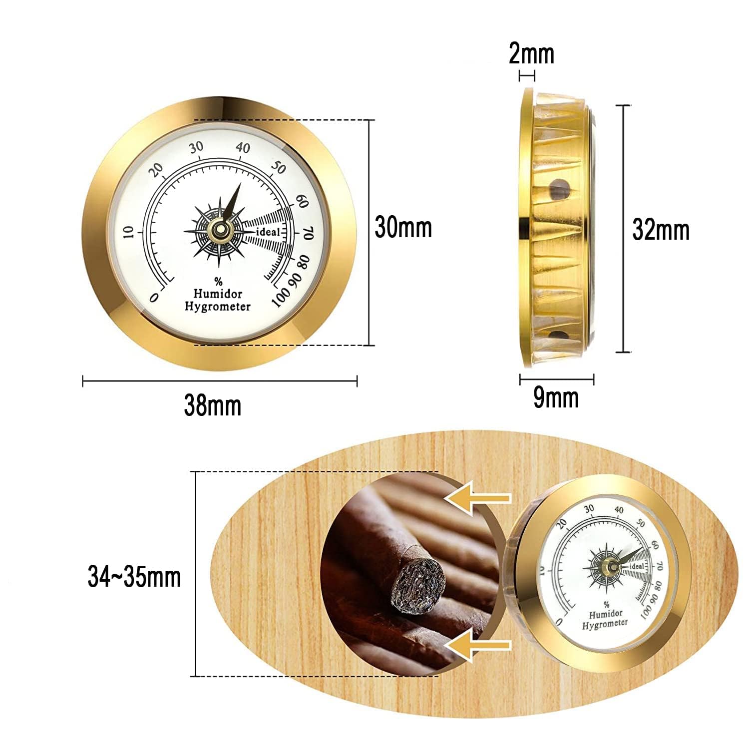 Hygromètre de rechange pour cave a cigares - φ 38mm - Or - Alliage rond - Moniteur précis - Humidor - Hygromètre - Valise de guitare - Serre