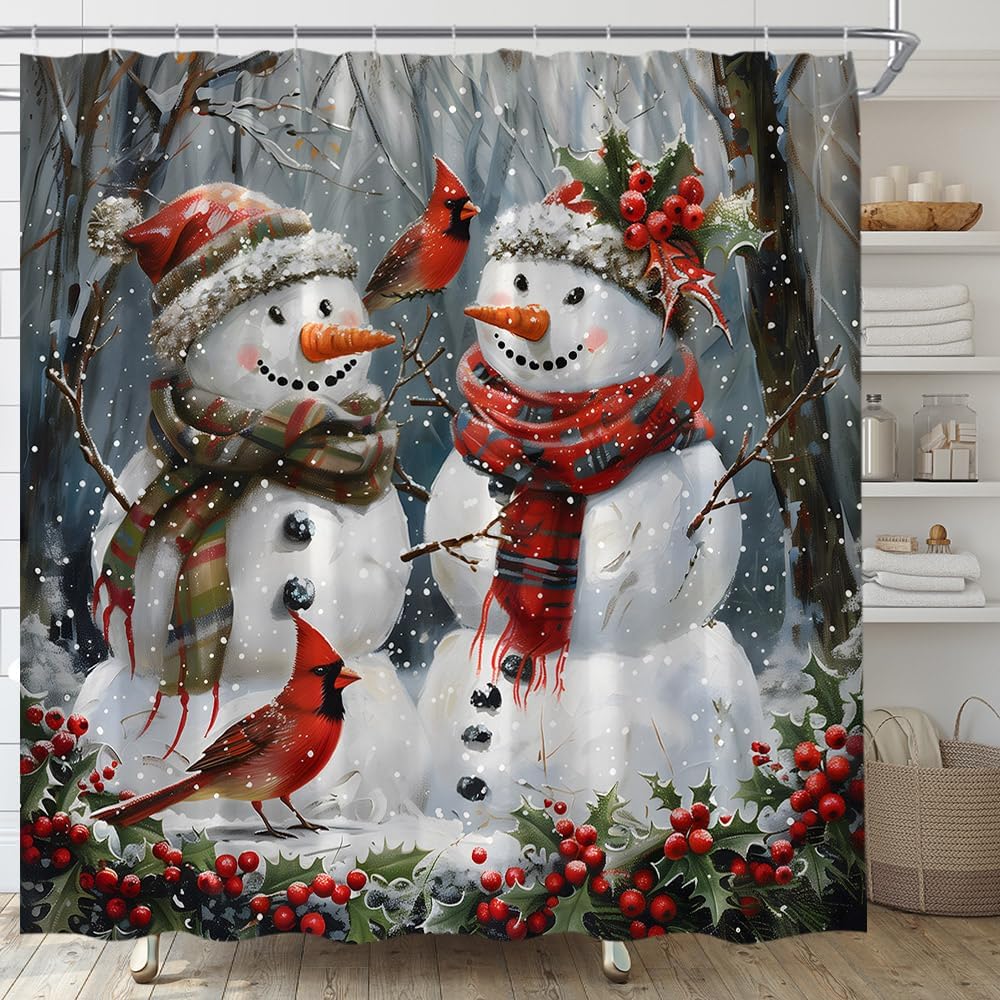 Christmas Snowman Shower Curtain Snow Snowflake Red Birds Forest Nature Landscape Farmhouse Winter Holiday Fabric Bathroom Decor Set with Hooks,(84" Wx70 H)