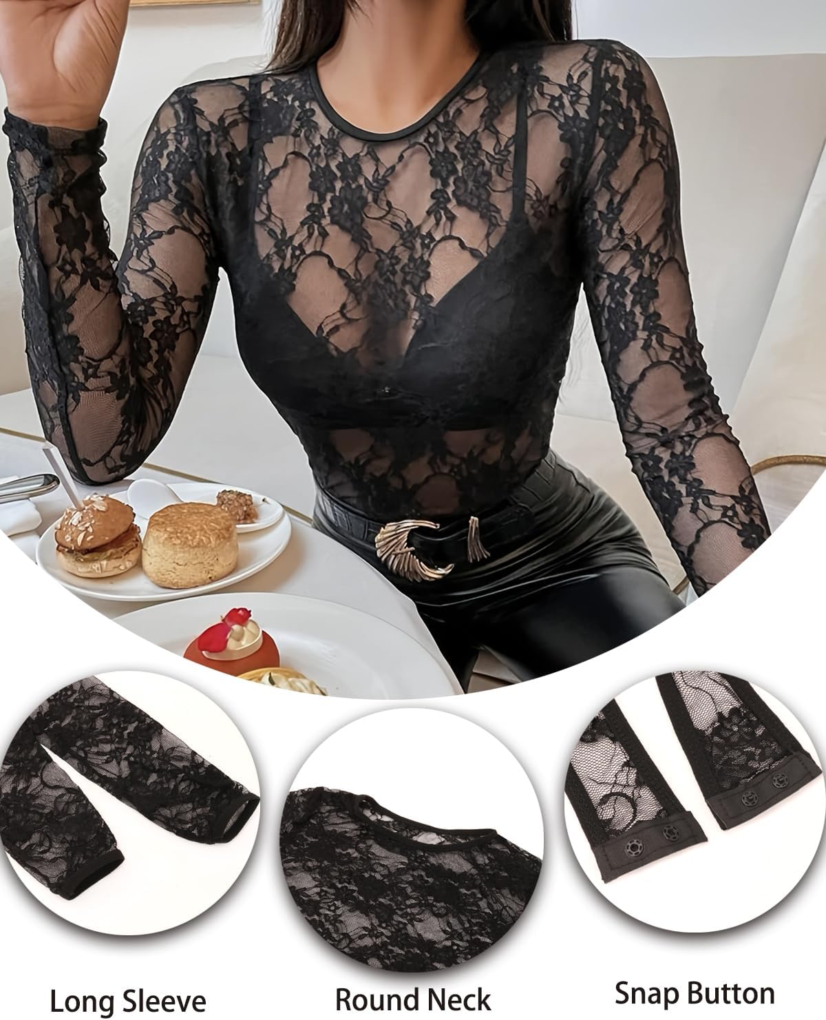 Women’s Lace Bodysuit Long Sleeve Sheer Tops High Cut Waist Body Suits Mock Neck Lingerie Button Crotch Shirt Outfit - Image 4