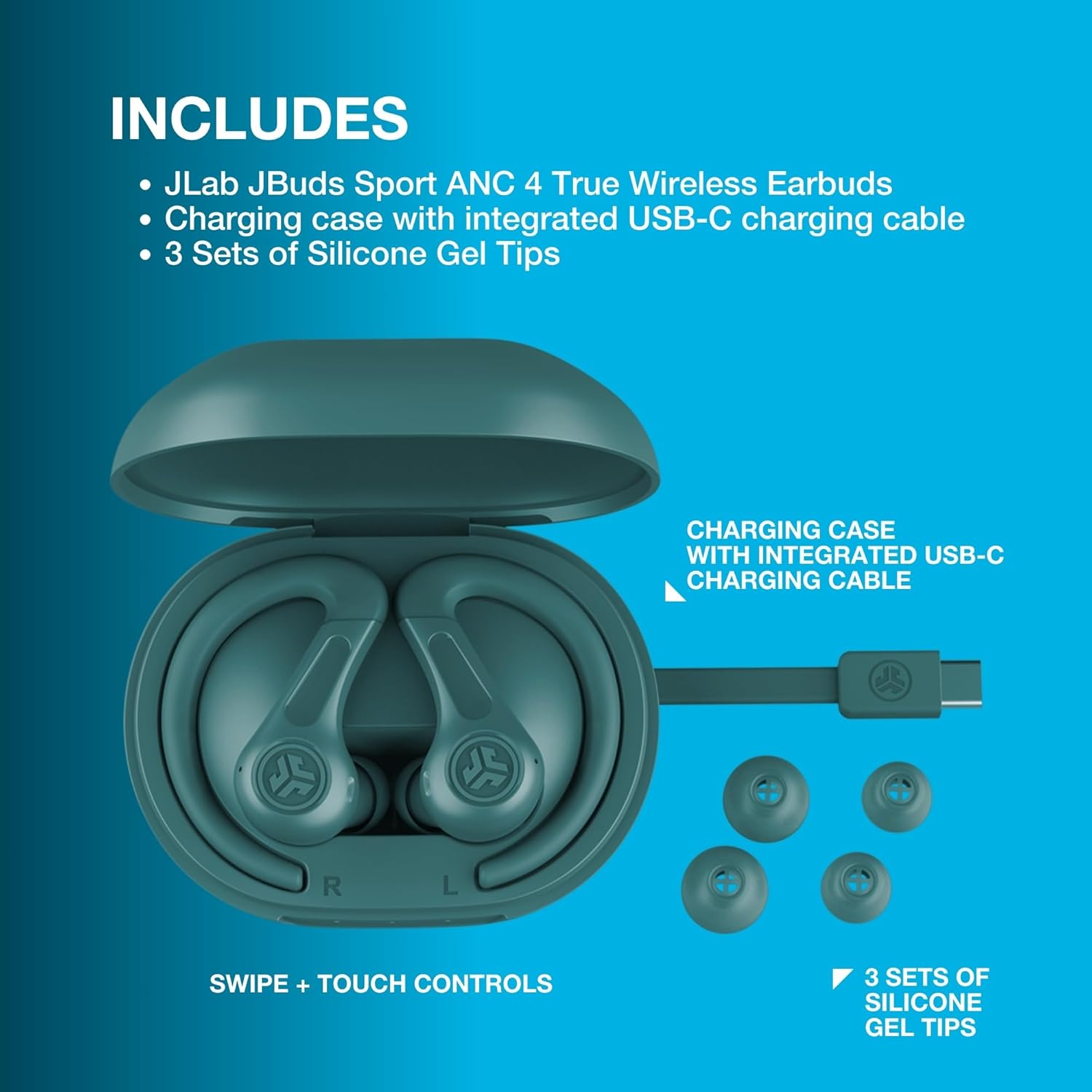 JLab JBuds Sport ANC 4 True Wireless Bluetooth Earbuds + Charging Case, Teal, Swipe + Touch Controls, Hybrid Active Noise Cancelation, Multipoint Connect, Customized Settings App - Image 7