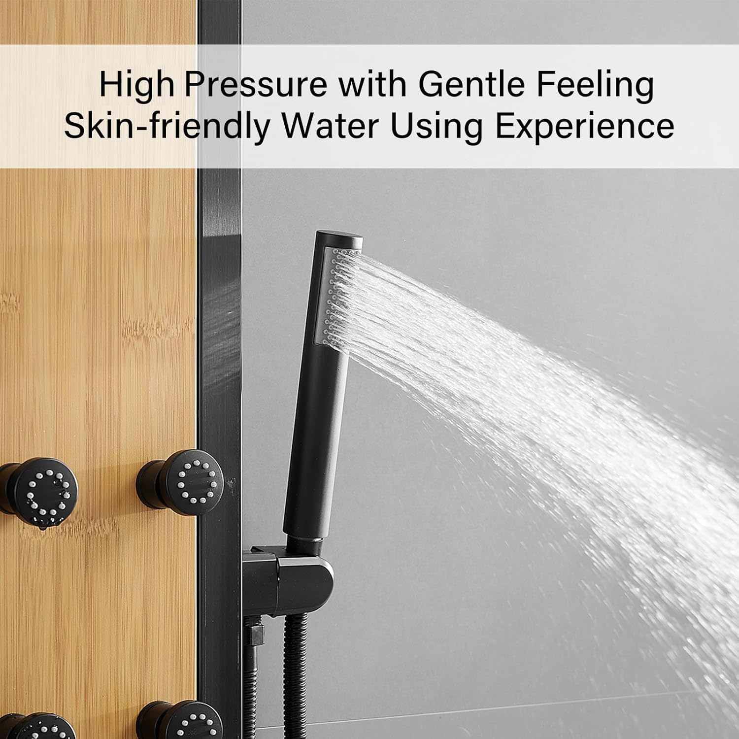 Shower Panel Tower System with Rainfall Shower Head, Wooden-style 304 Stainless Steel Shower Panels with 8 Body Massage Jets,Handheld for Home Hotel Bathroom Lavatory