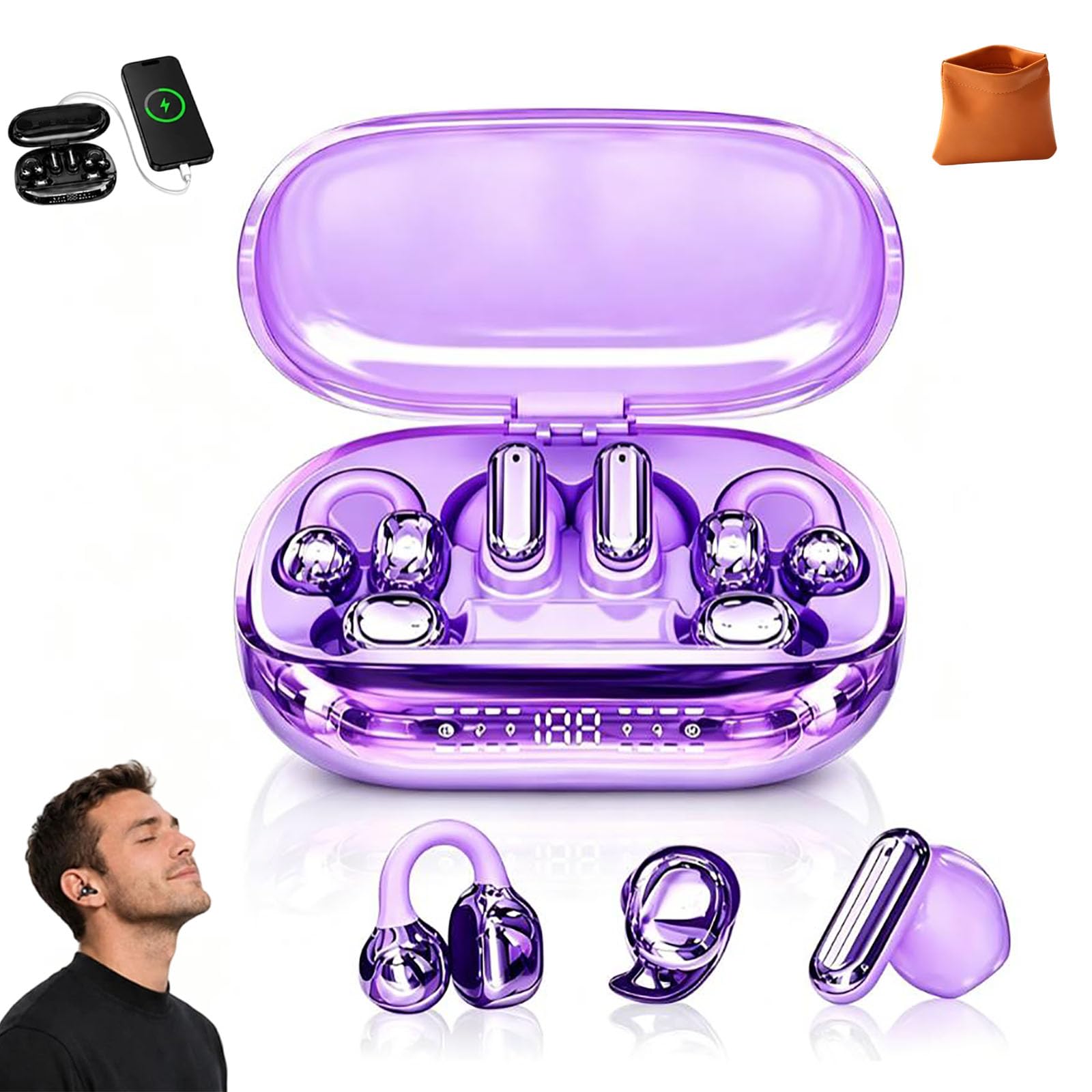 Auriculares Inalámbricos 6 En 1 para Dormir con Estuche De Carga, Clip Intercambiable, Intrauriculares Y para Dormir, 3 Modos De Uso, Bluetooth 6.0, Pantalla LED, Batería De Larga Duración. (Purple)