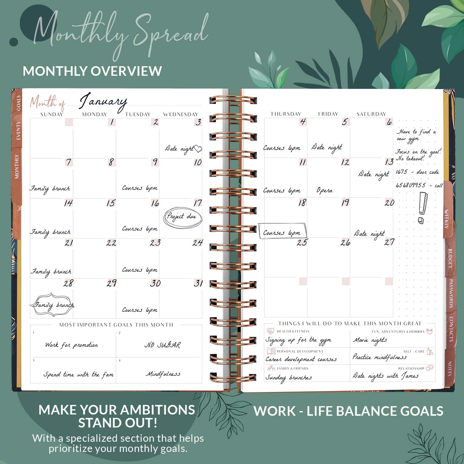 PLANBERRY Hourly Schedule Planner Premium – Undated Weekly Organizer with Time Slots & Monthly Budget – Time Management, Goal Setting, to-Do List & Habit Tracker –6.9″x8.5″(Green Pastures)