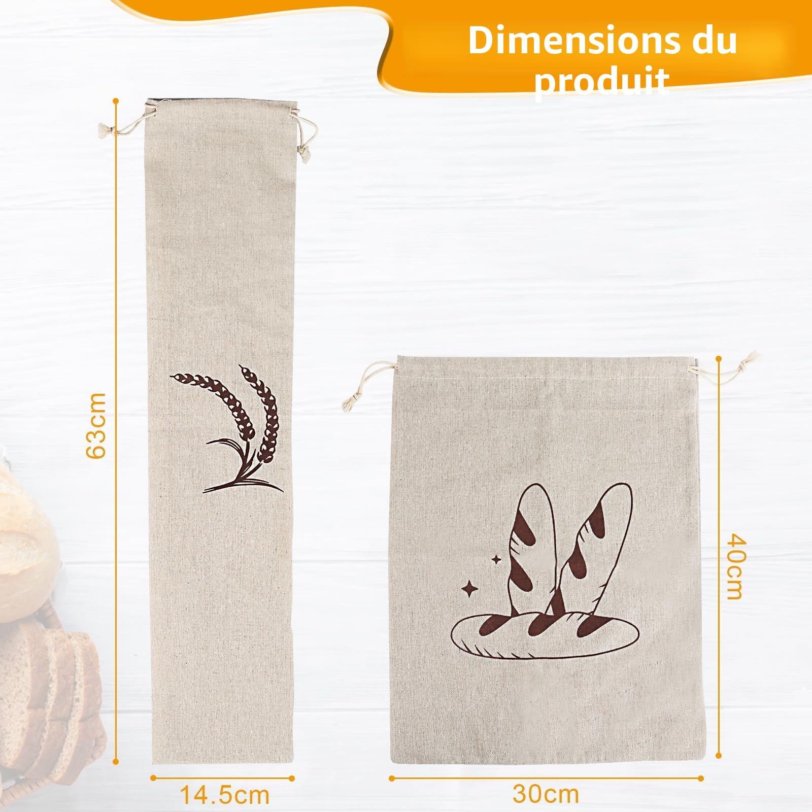 Sacs à Pain en Lin avec Cordon de Serrage Réutilisables Lot de 4 - 30x40 cm et 14.5x63 cm