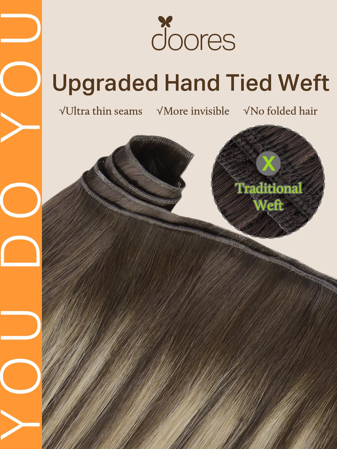 DOORES Genius Sew in Weft Hair Extensions Natural Human Hair, 18 Inch Chocolate Brown to Honey Blonde 100g, Weft Hair Extensions High Density