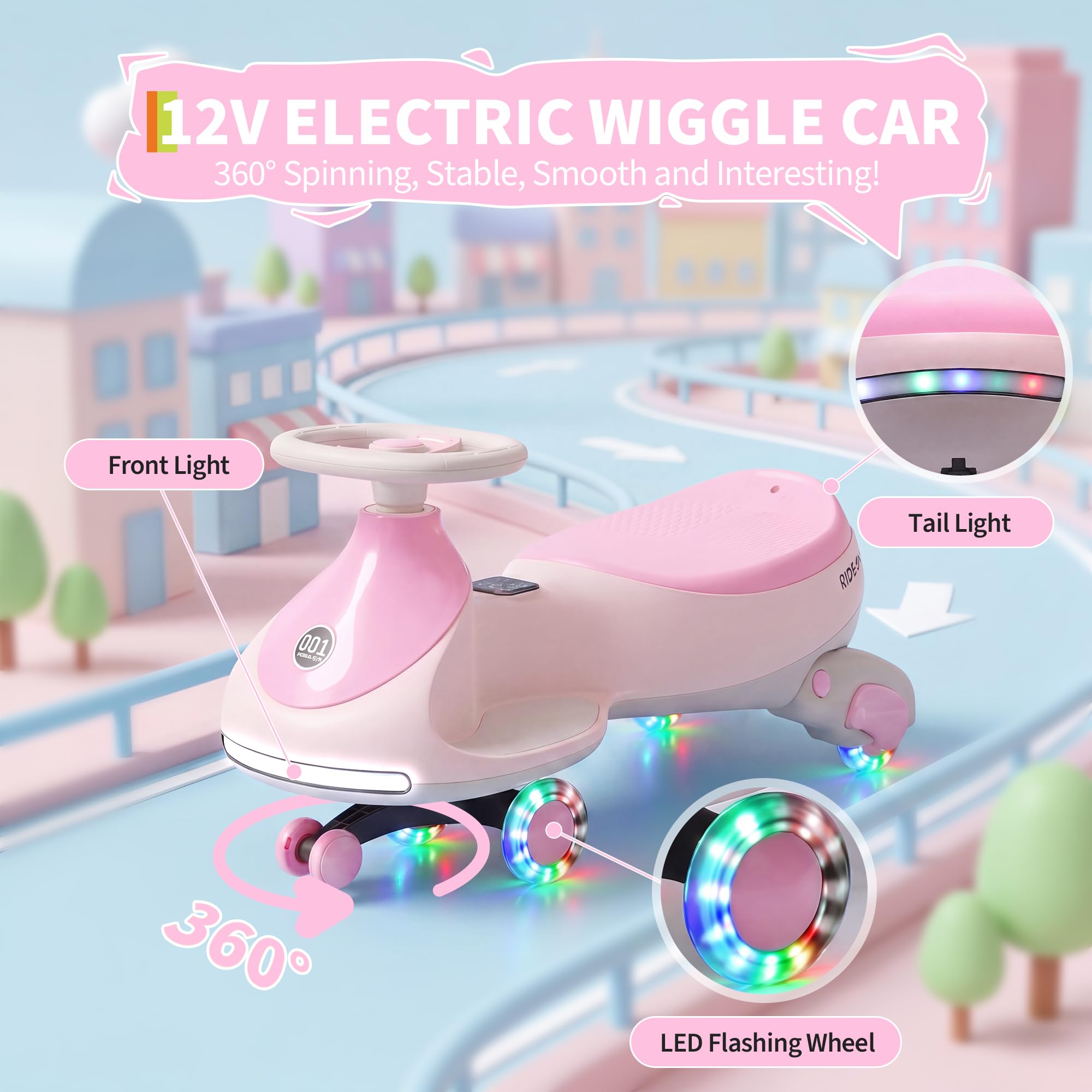 Garvee 12V Electric Wiggle Car for Kids 2 in 1 Electric & Foot-Powered, Light Pink, 80 x 32 x 30 cm - Image 3