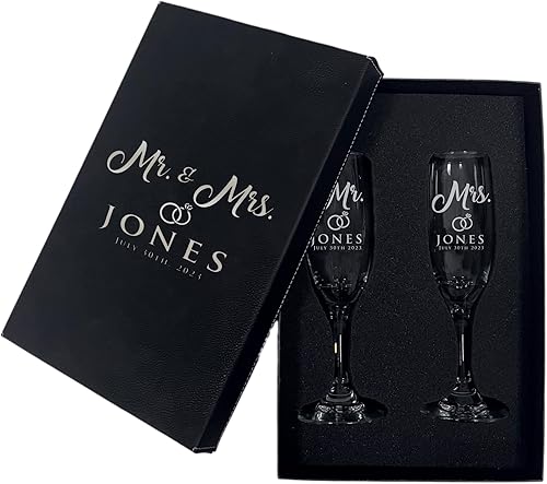 Mr and Mrs Toasting - Juego de 2 copas de champán para bodas grabadas personalizadas para parejas, monograma personalizado