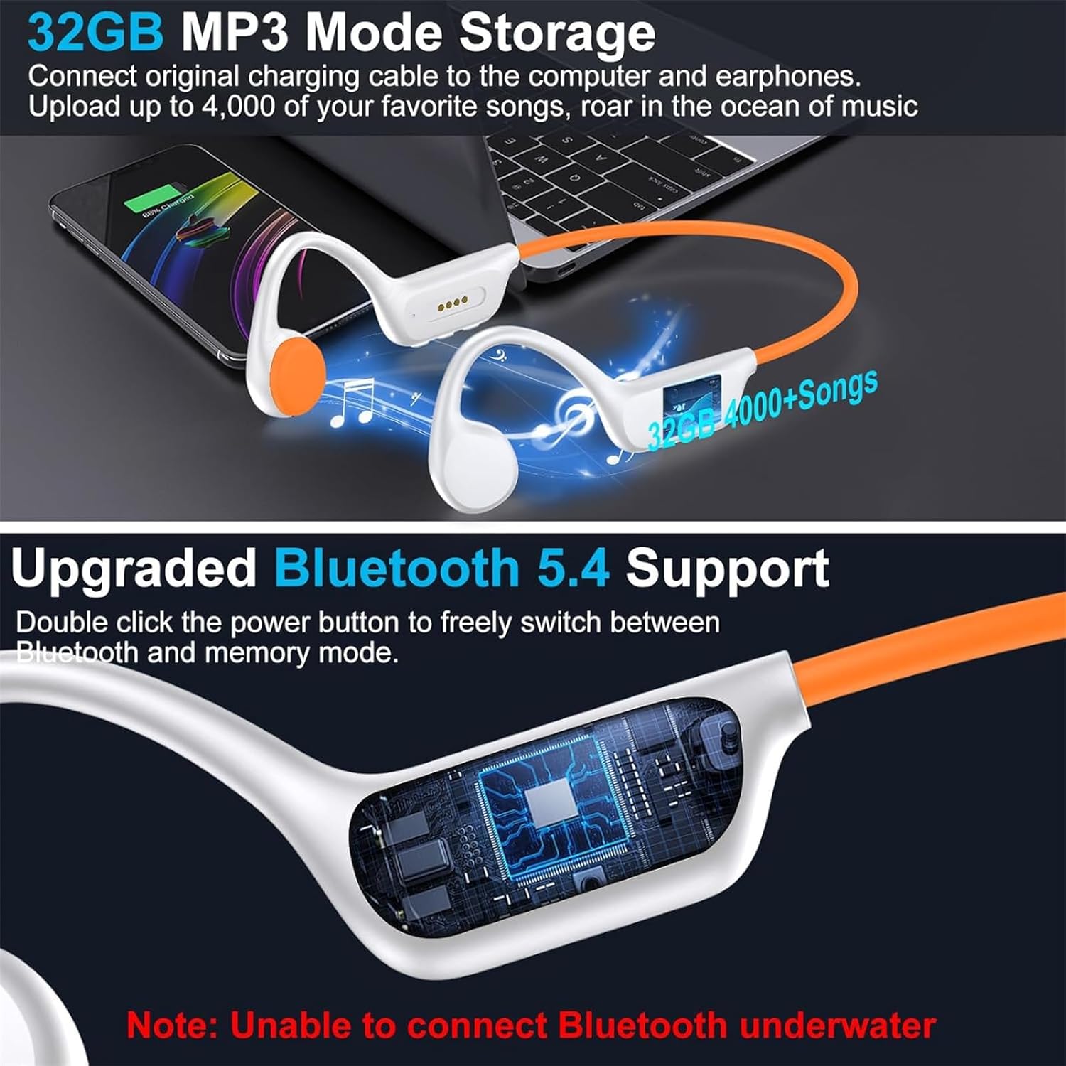 IPX8 Waterproof Bone Conduction Headphones X7s Bluetooth 32GB MP3 Swim Sports Wireless Earphone with Mic HiFi Bass Music Stereo (White)