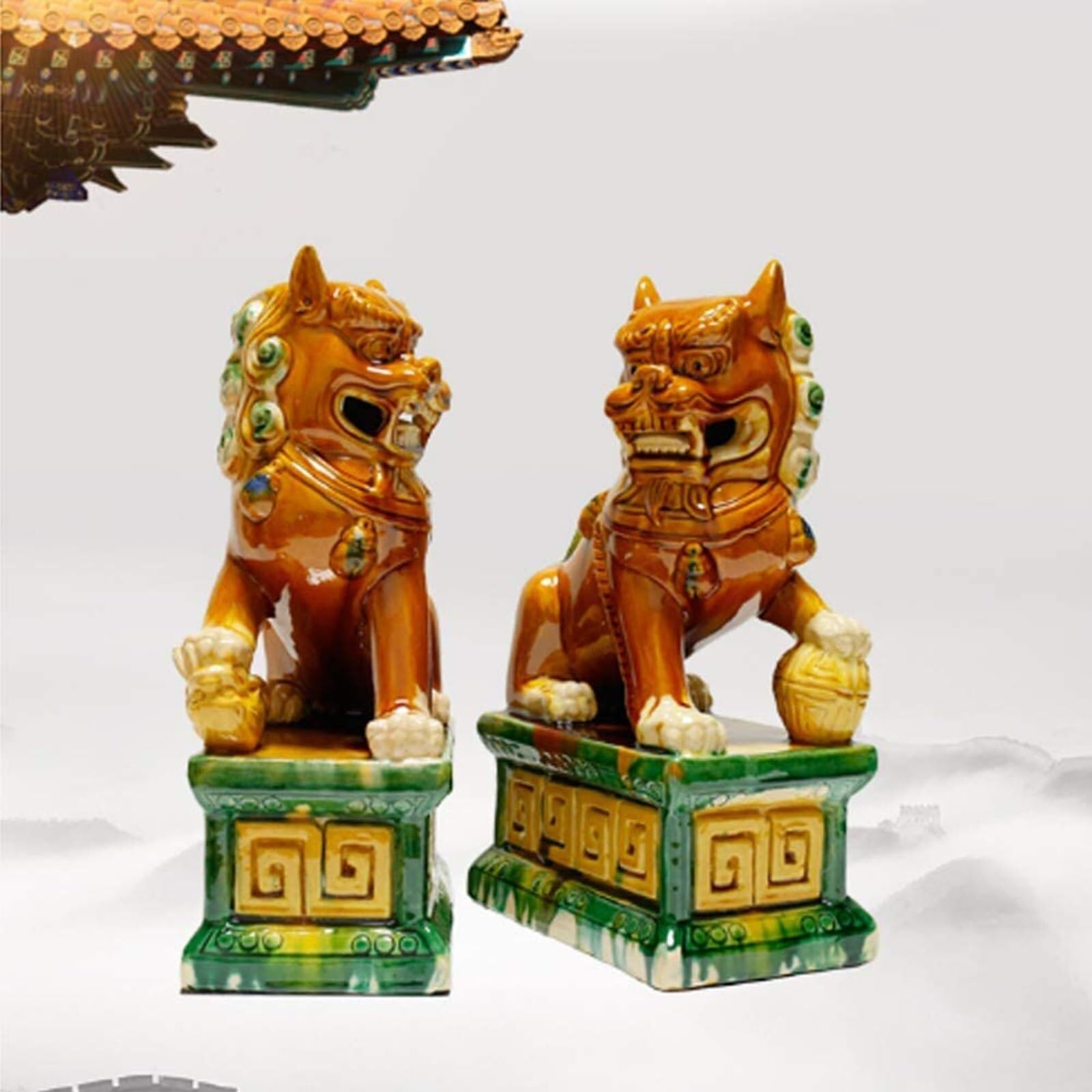 Ceramiczne figurki lwów strażników, para ręcznie wykonanych dekoracji feng shui do domu i biura (zielone 5,12 * 7,48 cala)