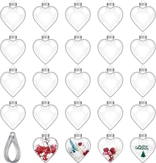 24 Pcs Christmas Clear Heart Ornament for Crafts DIY Fillable Christmas Ornament Balls 100 mm Plastic Heart Shaped Filling Transparent Hanging Box with Rope for Xmas Tree Decor Wedding Party Present