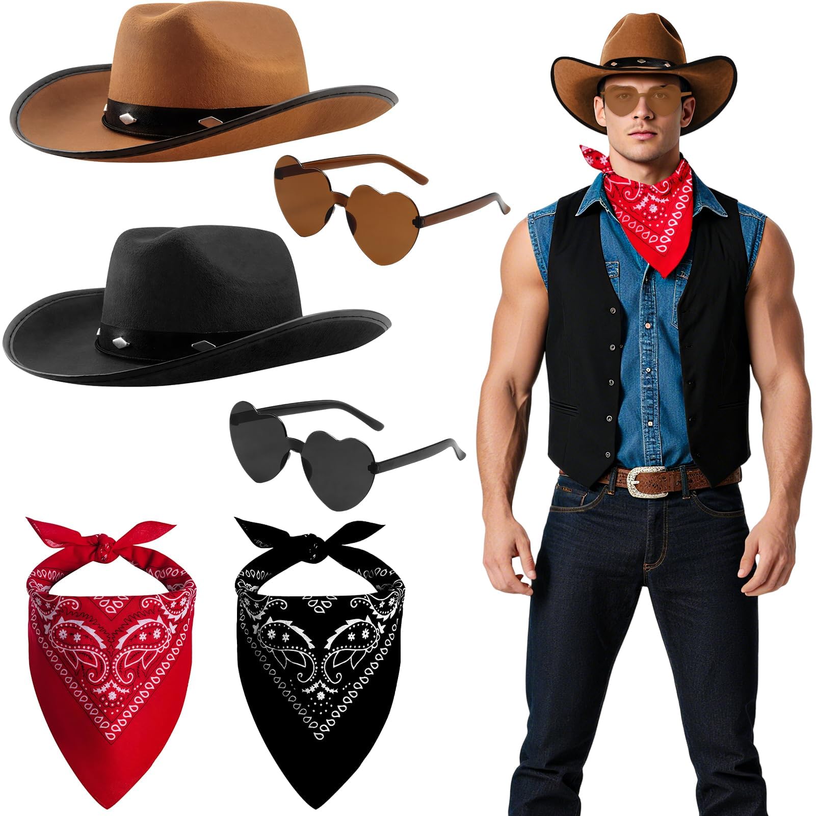 Wynlora 6Pcs Western Cowboy Costume Accessory Set, Cowboy Fancy Dress Accessory Kit with Hat Heart-Shaped Sunglasses Paisley Bandanas for Adults Halloween Carnival Parties