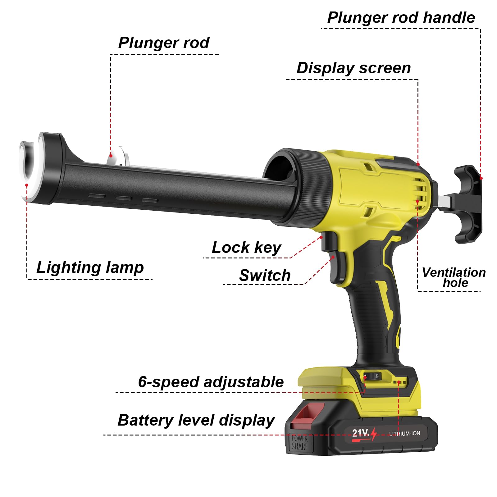 Rociador de kit de batería, compatible con baterías Makita 18 V, pistola de cartucho eléctrico, con 6 velocidades ajustables, luz LED, pistola de silicona para sellado, masilla (sin amarillo batería)