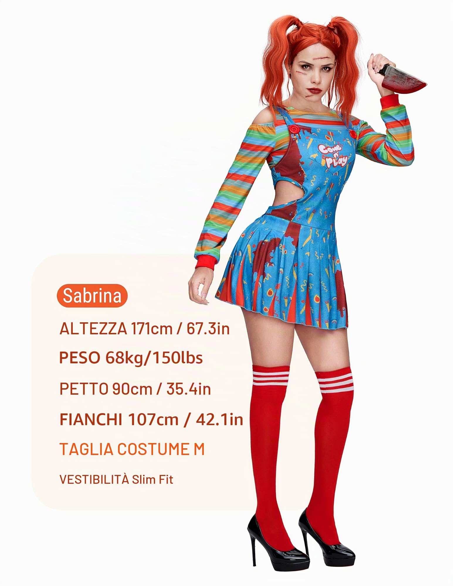 Spooktacular Creations Costume da bambola assassina da donna, vestito cosplay da clown con maglietta arcobaleno, gonna con reggicalze e calze al ginocchio per costume da festa di Halloween-S