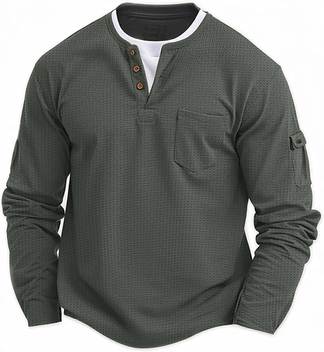 Men's 3-Button Color-Blocked Long Sleeve T-Shirt, 2-Pocket Breathable Casual Crew Neck Slim Fit Basic Tee for Sports & Daily