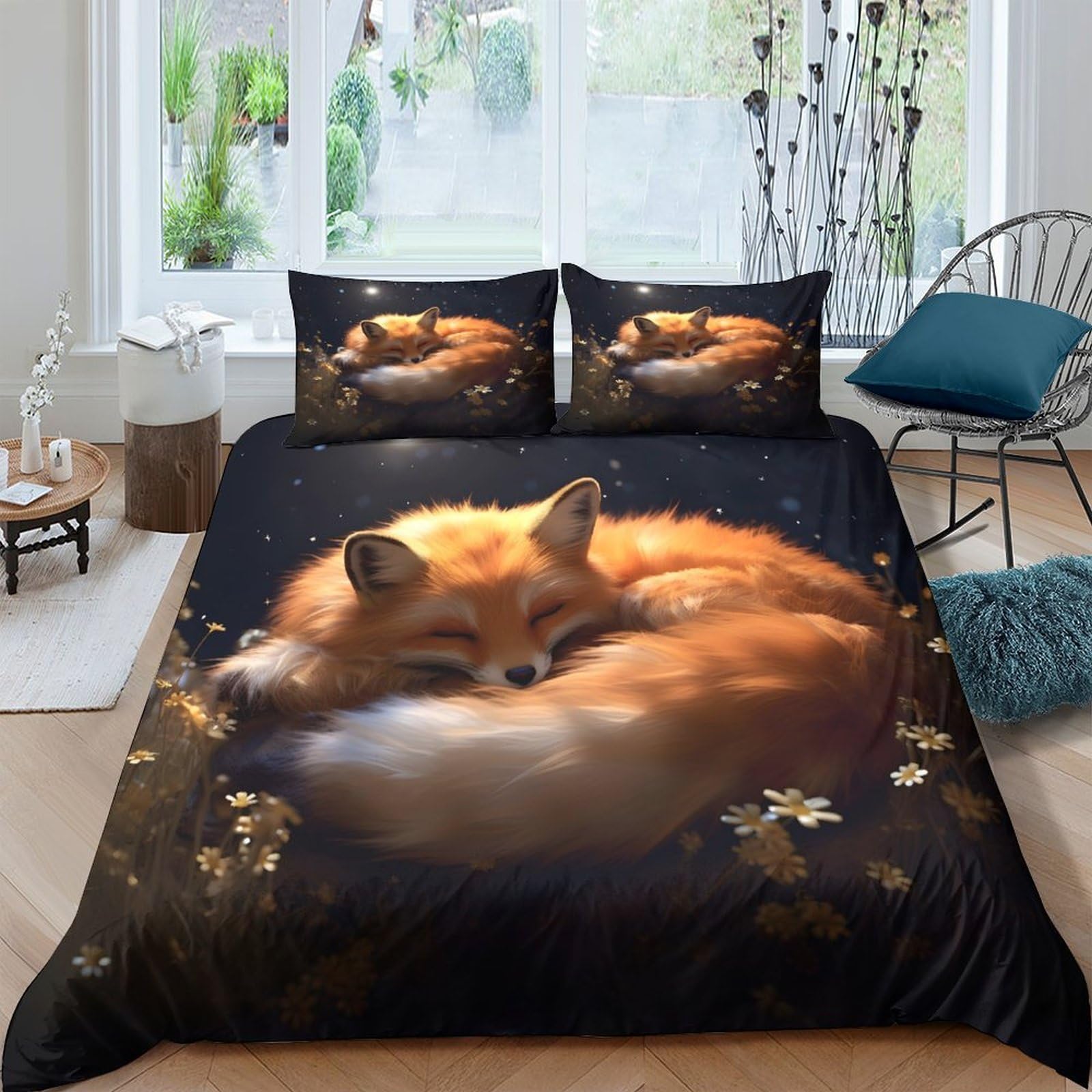 Ctjqhvkz Style-7 3D Printed Fox Sleeping Forest Fitted Sheet Microfiber Soft Breathable Autumn Leaves Bed Cover For Bedroom Decor Single（135X200cm）
