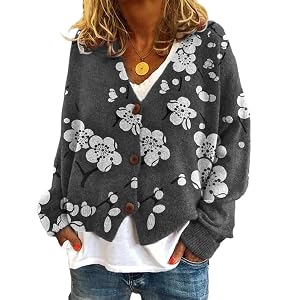 Womens V Neck Button Front Floral Print Cardigan Sweater Fall Winter Boho Long Sleeve Knit Top