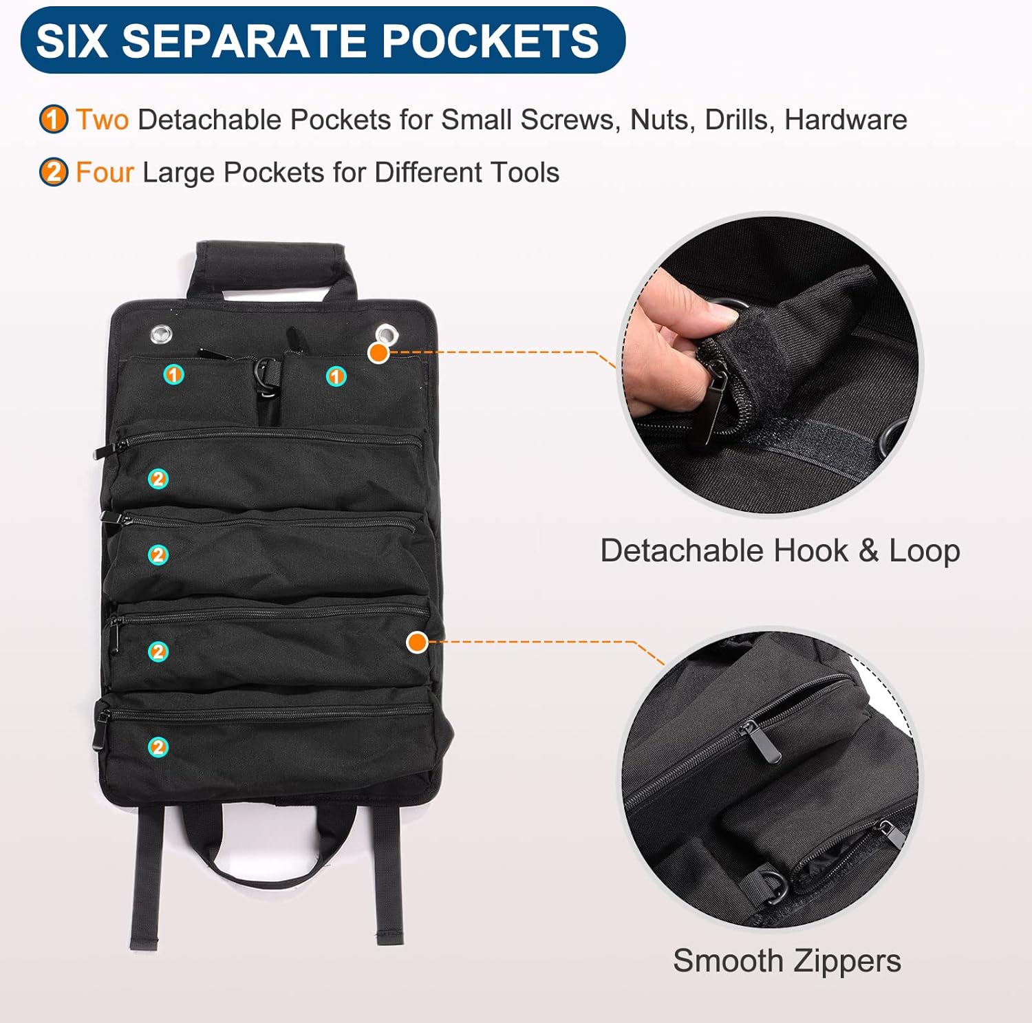 HARFINGTON Roll Up Tool Bag 19" x 16" with Detachable Pouches and Compartments, Multipurpose Utility Roll Tool Storage Organizer for Mechanics, Plumbers, Electricians, Carpenters, Black