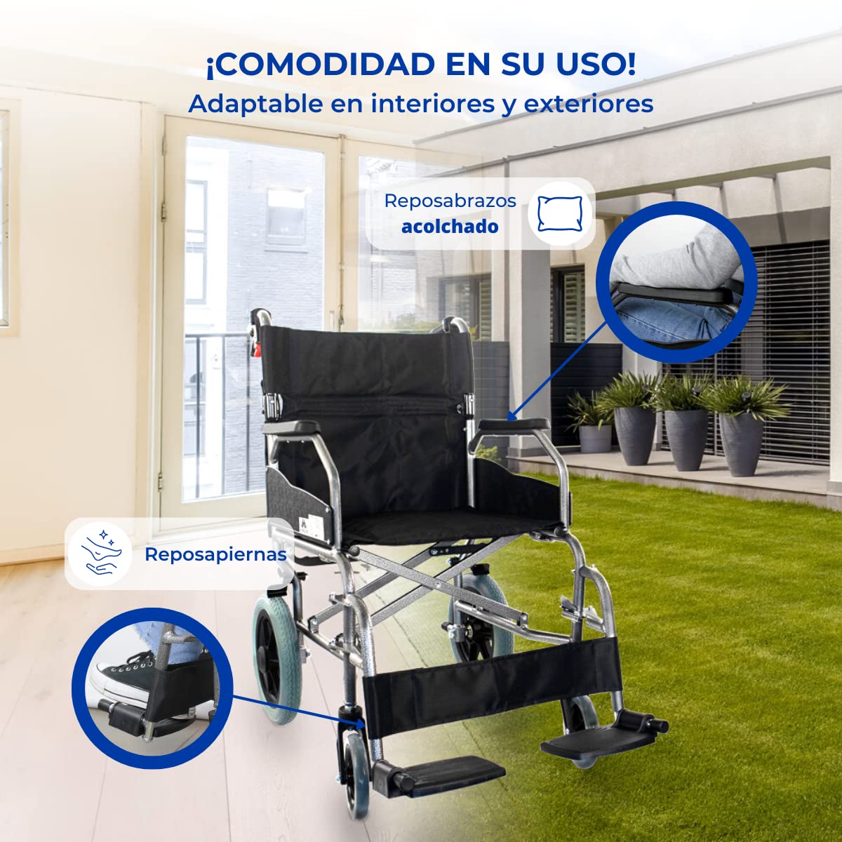 Mobiclinic, Silla de Ruedas tránsito, Museo, Plegable, Aluminio, Ultraligera, Freno en manetas, Respaldo abatible, Asiento 45 cm, Reposapiés, Reposabrazos, Color Negro