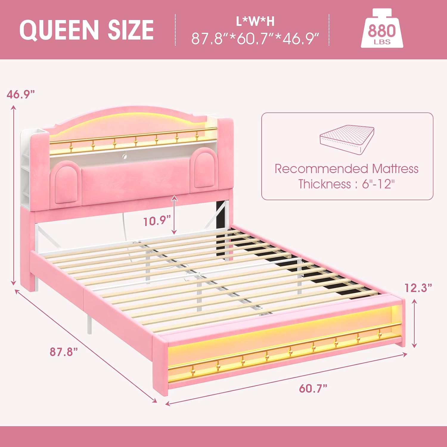 Diagram showing the dimensions of the Queen size bed frame: 87.8 inches length, 60.7 inches width, 46.9 inches height, and a weight capacity of 880 lbs.