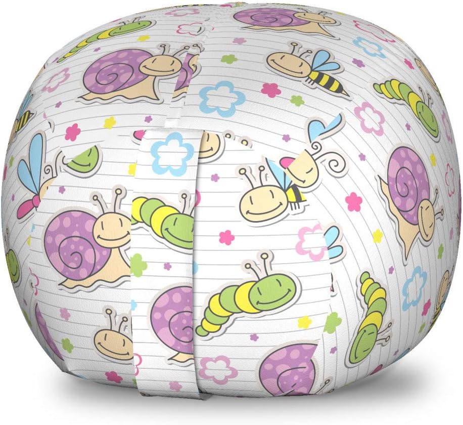 Ambesonne Cartoon Storage Toy Bag Chair, Caterpillar Dragonfly Bees Flowers Joyful Summer Themed Print on Striped Back, Stuffed Animal Organizer Washable Bag, Small Size, Multicolor