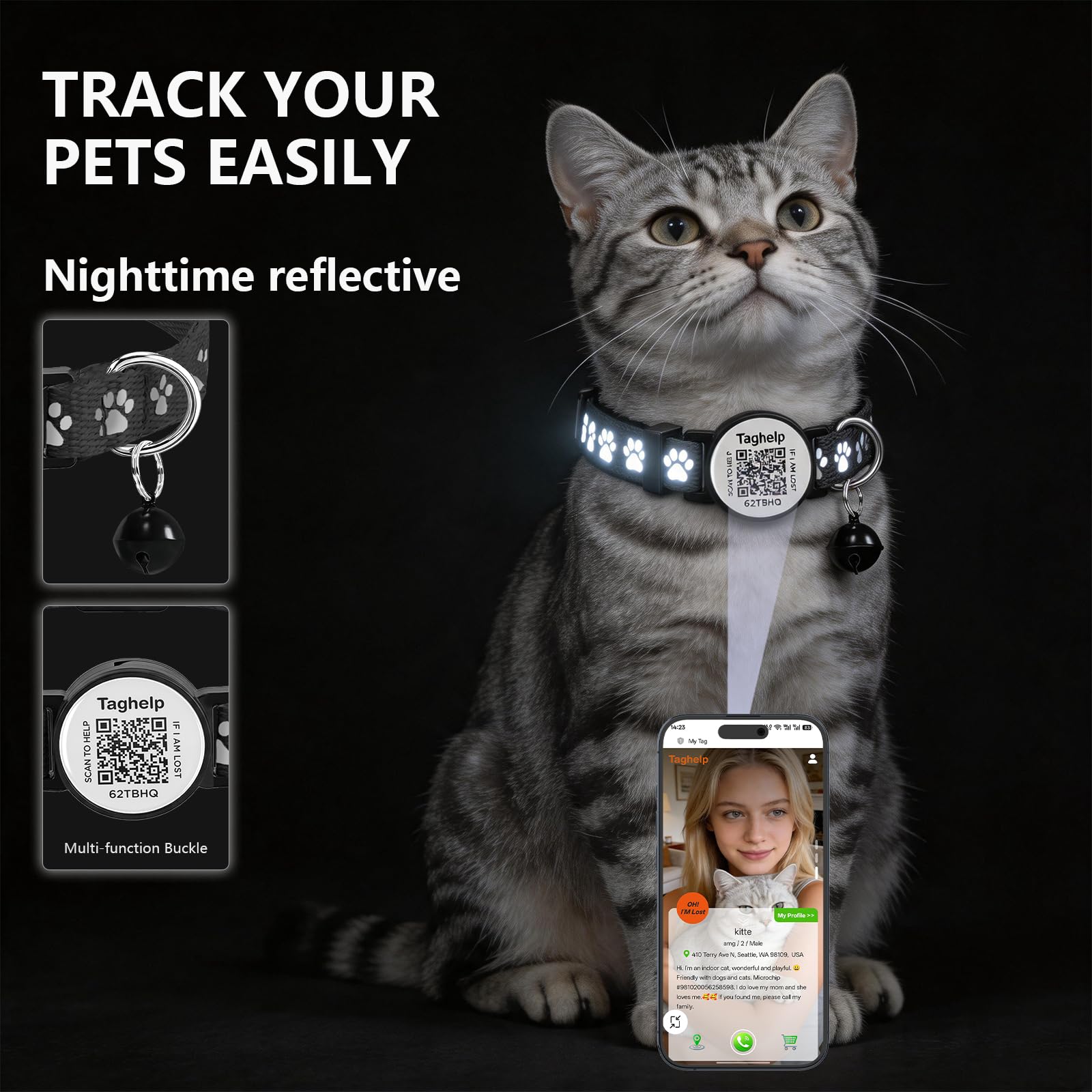 Reflektierendes Katzenhalsband mit Mond und Stern, mit QR-Code, Smart-ID-Tag und Glocken, 2 Stück, für Mädchen und Jungen, verstellbar, 19,1 - 32,5 cm, keine App, Rosa