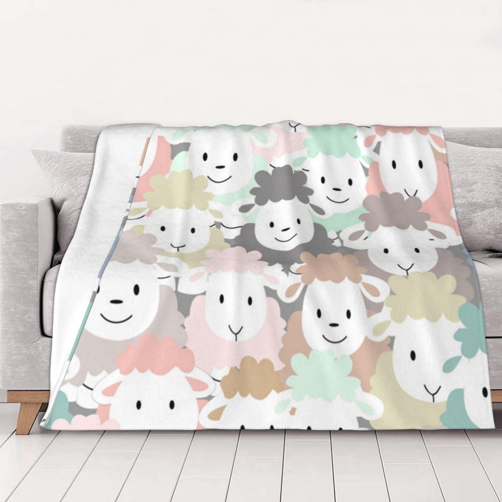 AUBKFELD Cute colorful sheep cartoon pattern Printed Flannel Blanket 102x76 CM, Soft & Warm Throw Blanket for Sofa/Couch/Bed/Car, Gifts for Audlts Women Men