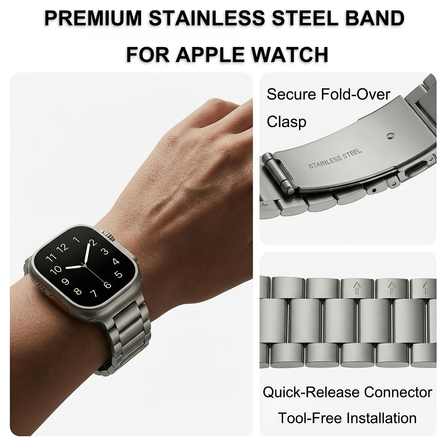 Bracelet réglable sans outil pour Apple Watch – Bracelet en acier inoxydable à dégagement rapide avec revêtement DLC | Compatible avec Ultra 3/2/1 (49 mm), Series 11-1 (46-38 mm), SE | Hommes