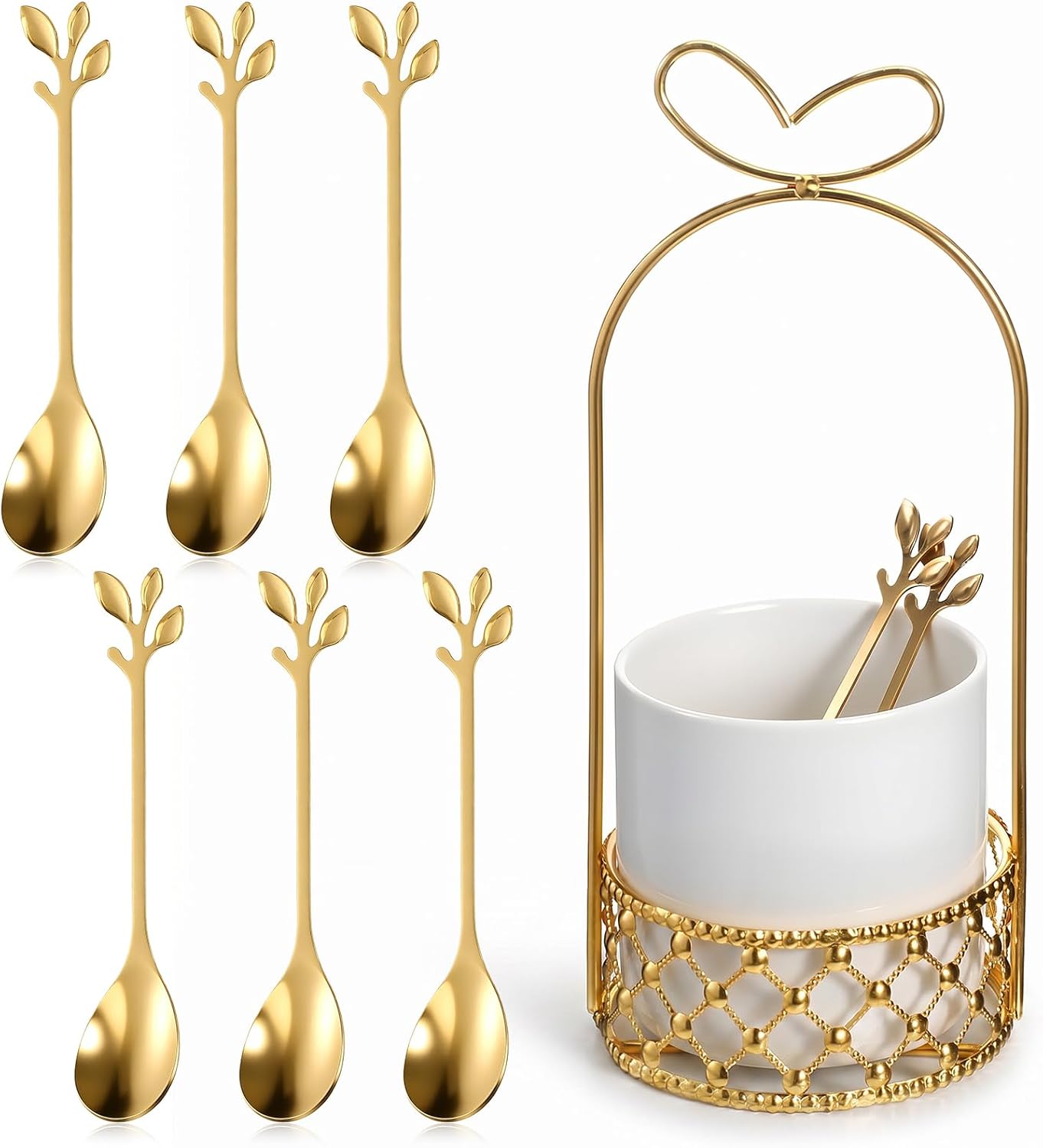 Coffee Spoons Set, Utensil Holder Ceramic with 8 Decorative Dessert Spoon | Stainless Steel Gold Leaf Coffee Spoons for Parties, Afternoon Tea, Picnics and Outdoor Parties-White