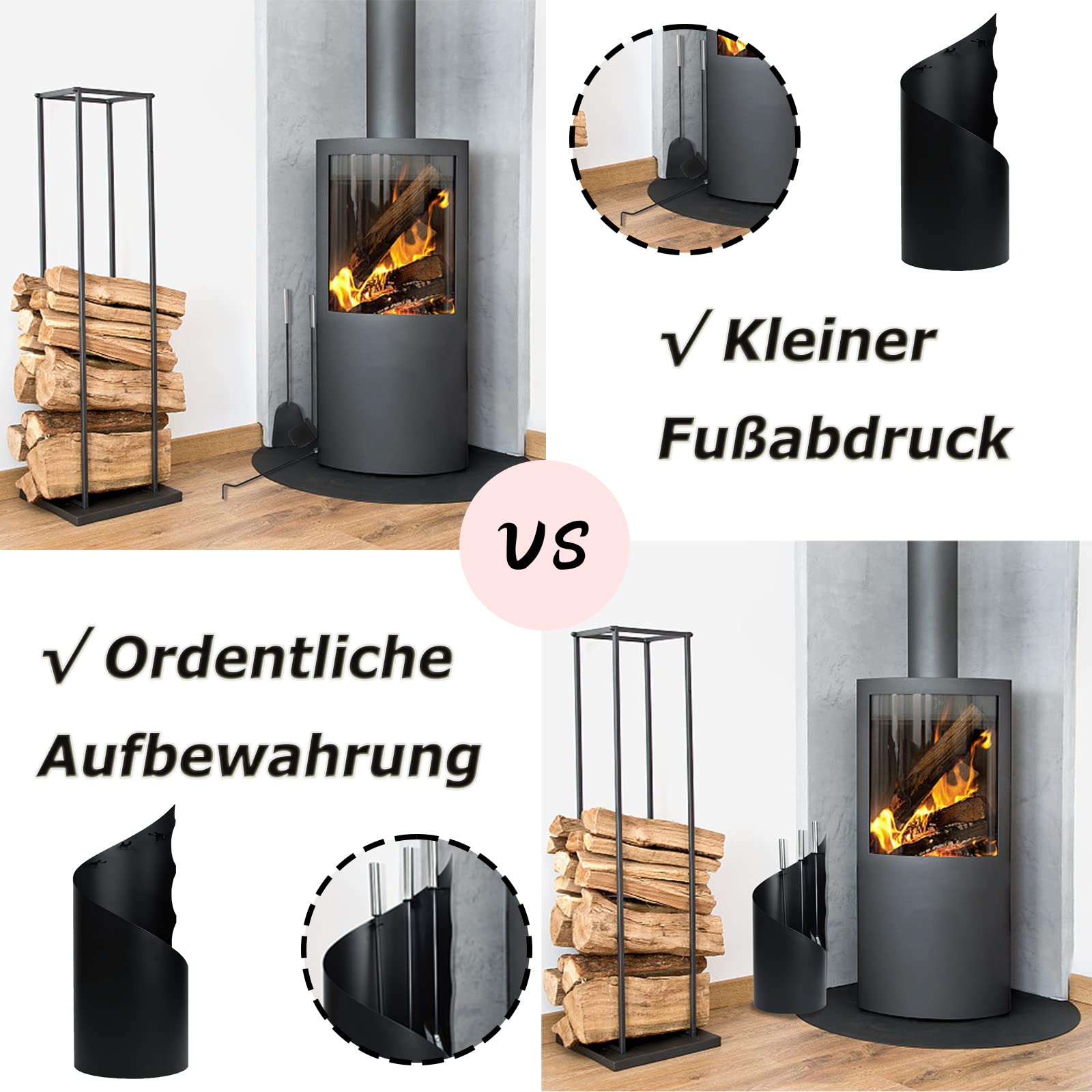 LZQ Ustensiles de cheminée modernes en acier inoxydable 4 pièces - Accessoires de cheminée - Avec tisonnier - Pelle à cendres, balai et support - Pour accessoires de maison