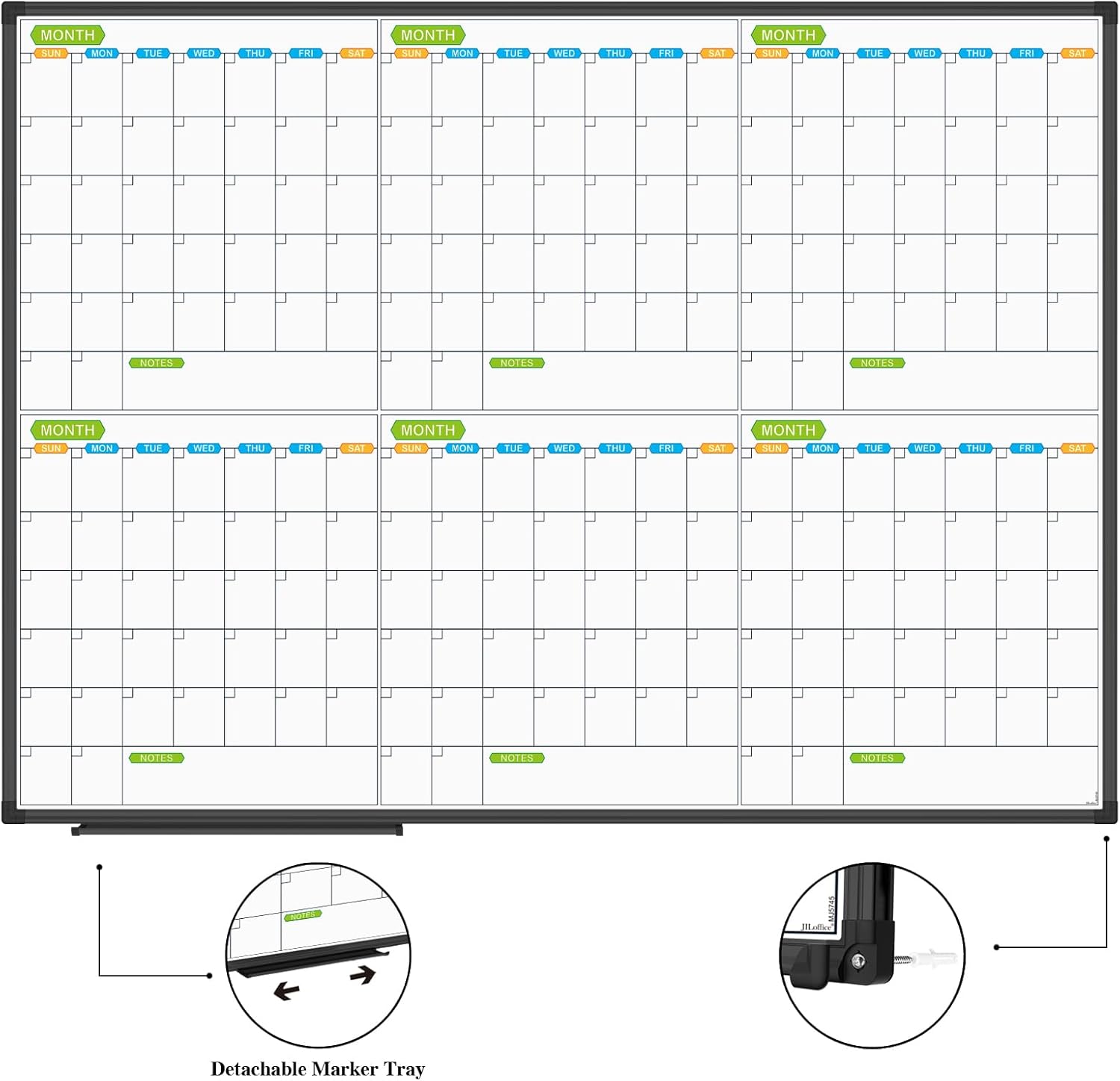 JILoffice Magnetic Dry Erase Calendar Whiteboard, 6 Months White Board Planner 48 X 36 Inch, Black Aluminum Frame Wall Mounted Board for Office Home and School