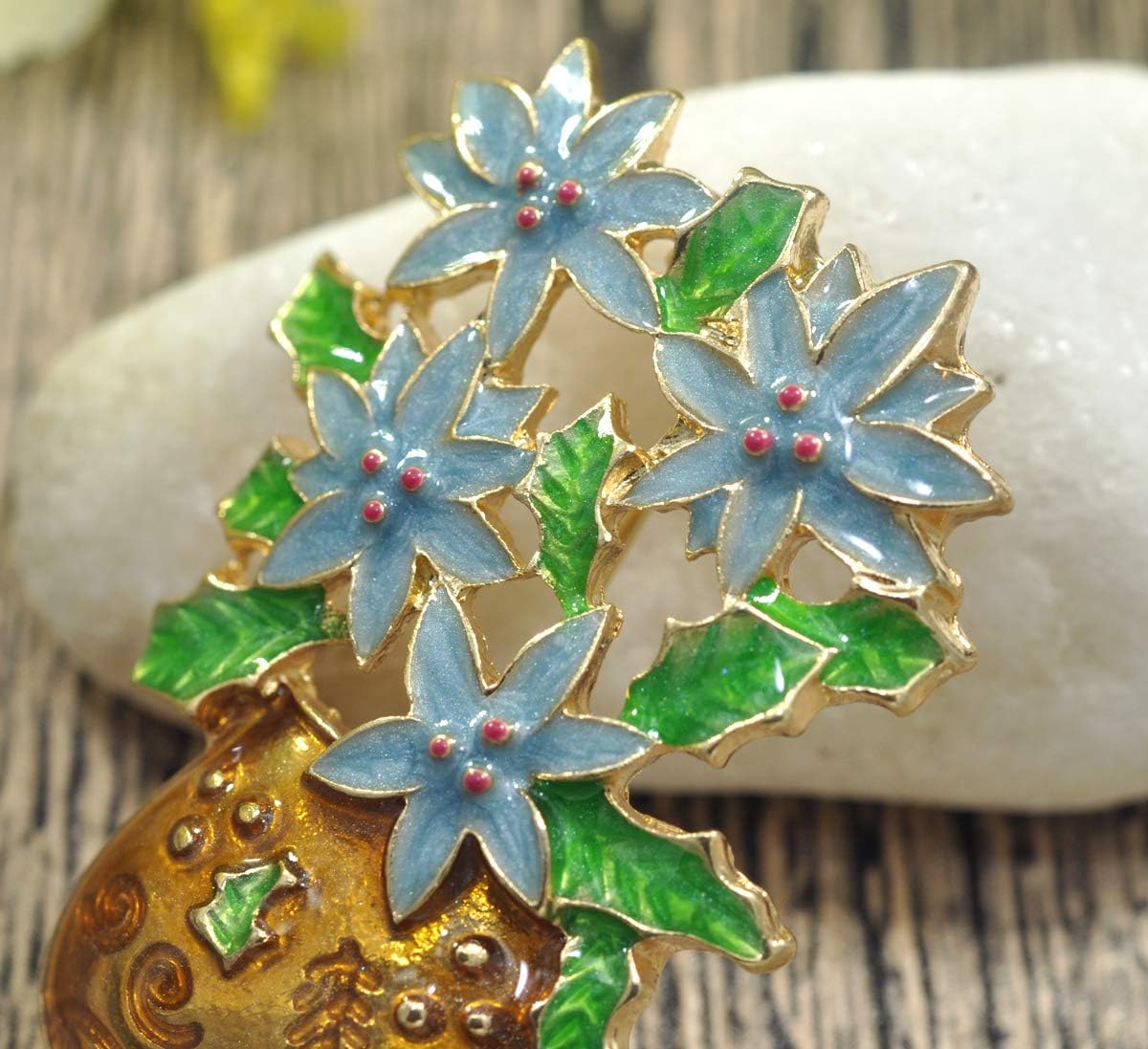 Gyn&Joy Hand Painted Pearlescent Blue Enamel Flower Brooch Pin Gold Tone