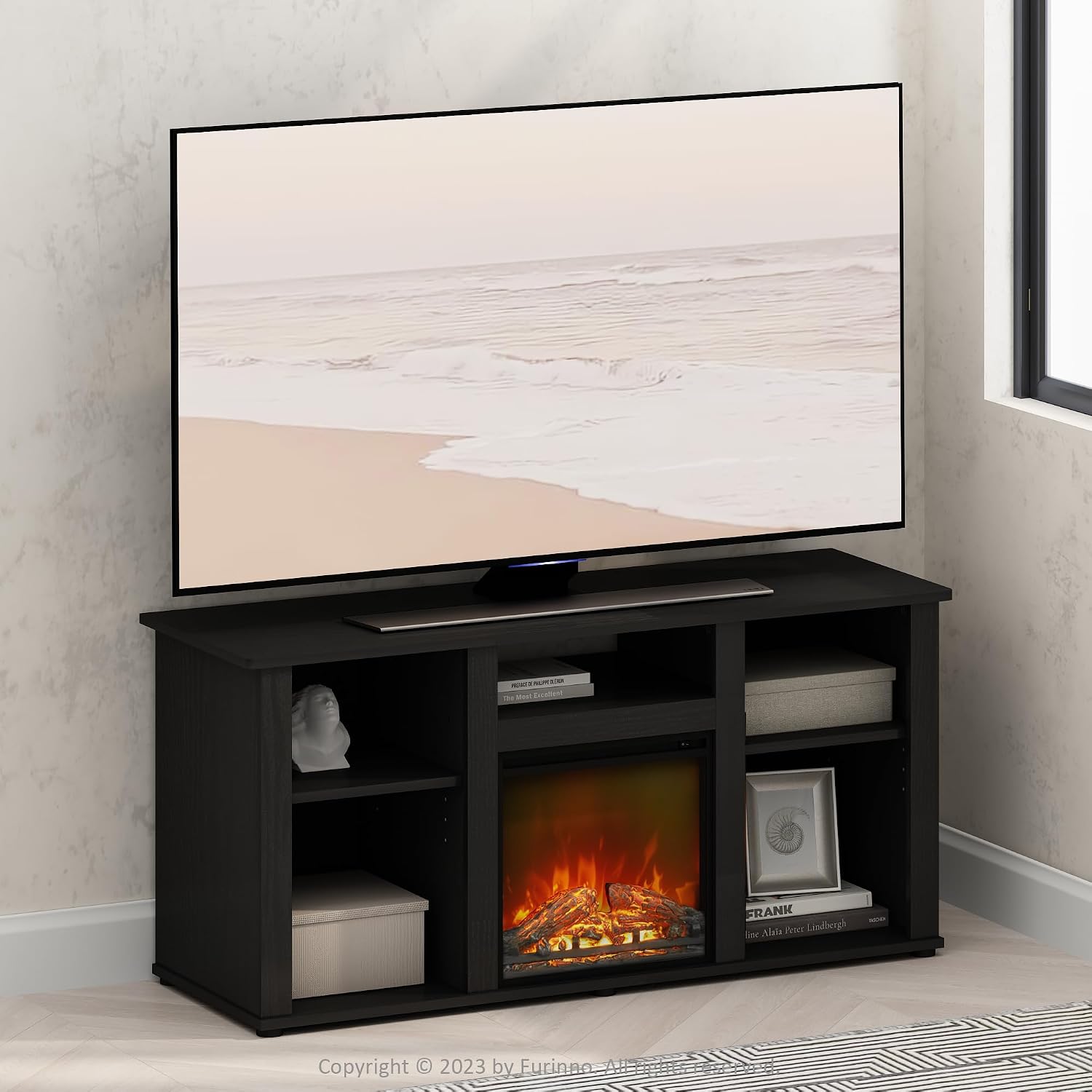 Furinno Jensen Fireplace TV Stand, NO Heat Decorative Electric Fireplace Corner TV Stand for TV up to 55 Inch, with 5 Open Shelves, for Living Room, Americano