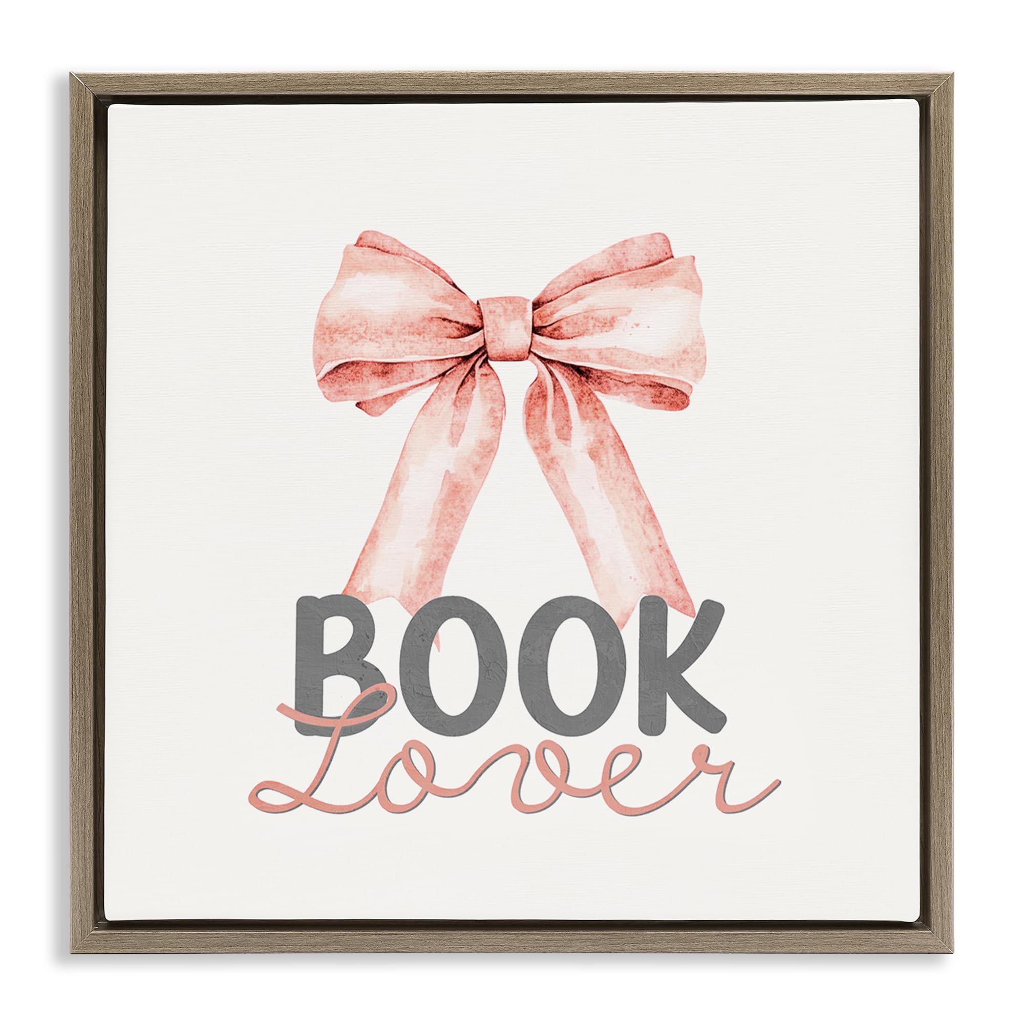Stupell Industries 'Book Lover Pink Bow', Floating Frame Canvas Art, Brown, 25 x 25 Inches, Easy to Hang and Sturdy, Made in USA, by Kim Allen